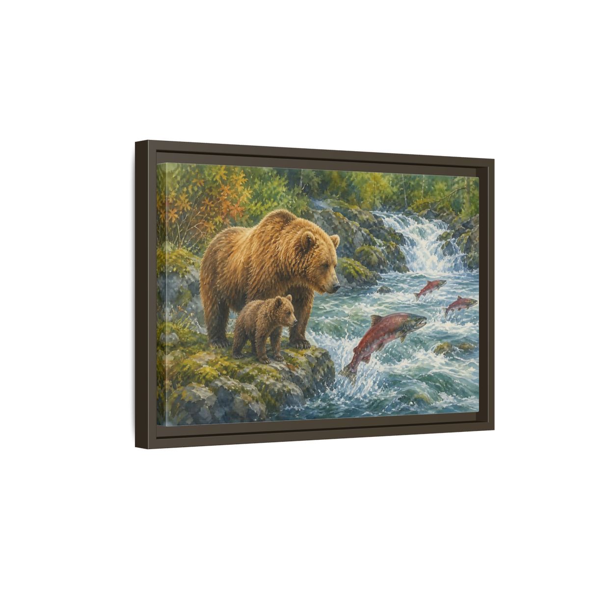 Side Mockup 5. Animals Bear Family Brown Bear Salmon shown as stretched canvas wall art