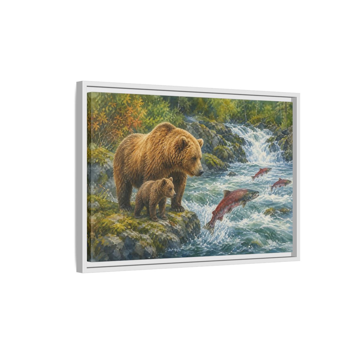 Side Mockup 1. Animals Bear Family Brown Bear Salmon shown as stretched canvas wall art