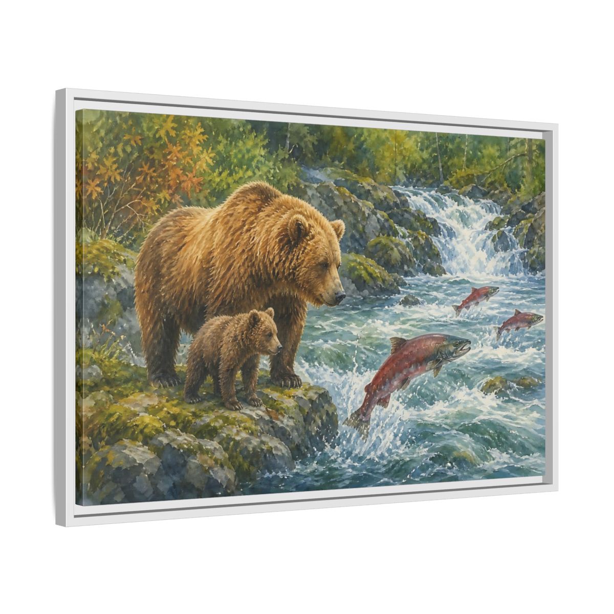 Side Mockup 10. Animals Bear Family Brown Bear Salmon shown as stretched canvas wall art