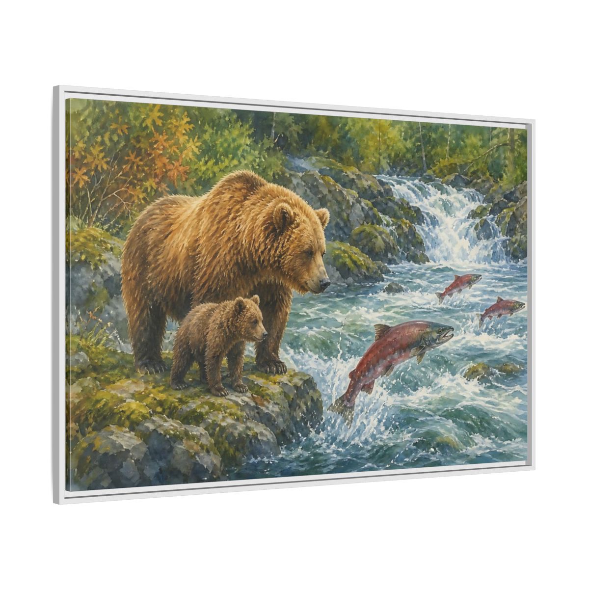 Side Mockup 7. Animals Bear Family Brown Bear Salmon shown as stretched canvas wall art