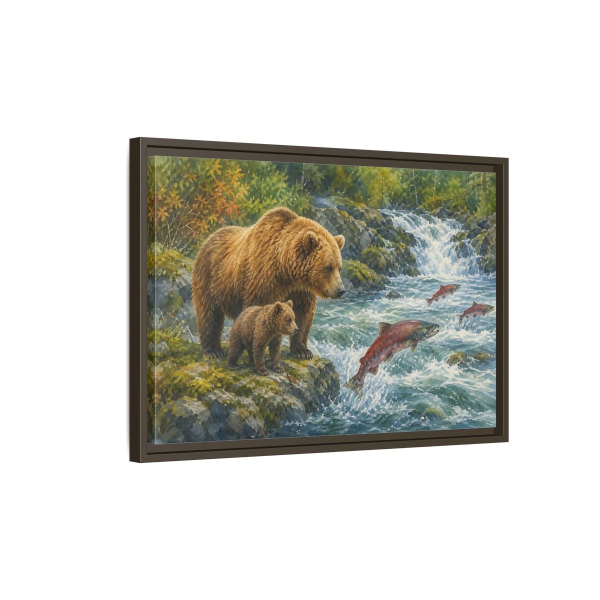 Side Mockup 2. Animals Bear Family Brown Bear Salmon shown as stretched canvas wall art