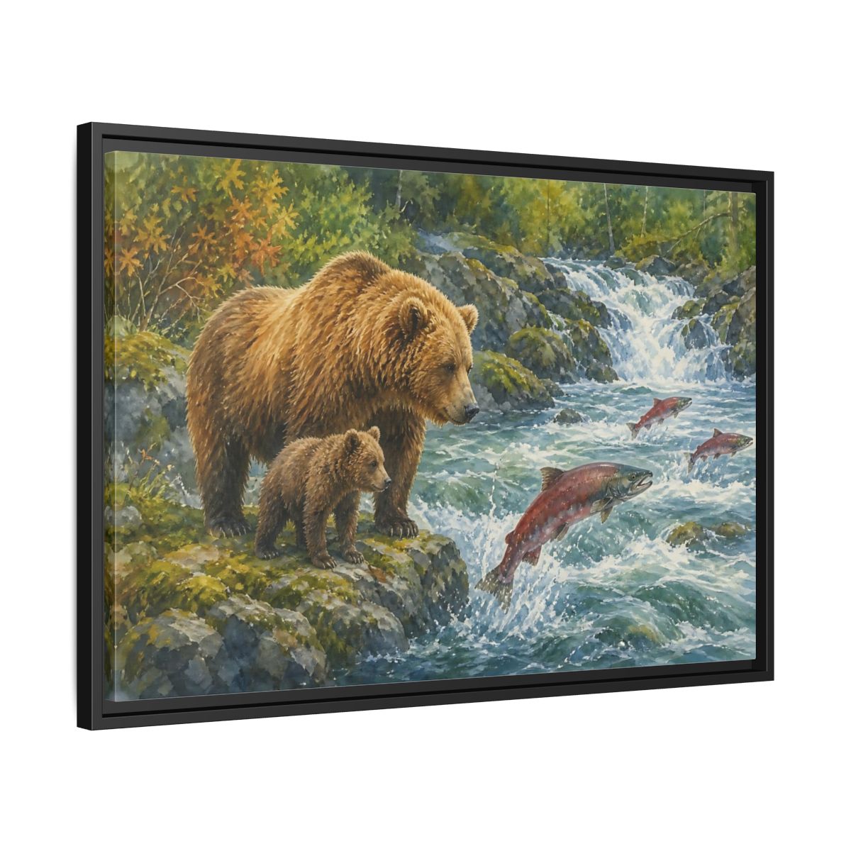 Side Mockup 14. Animals Bear Family Brown Bear Salmon shown as stretched canvas wall art