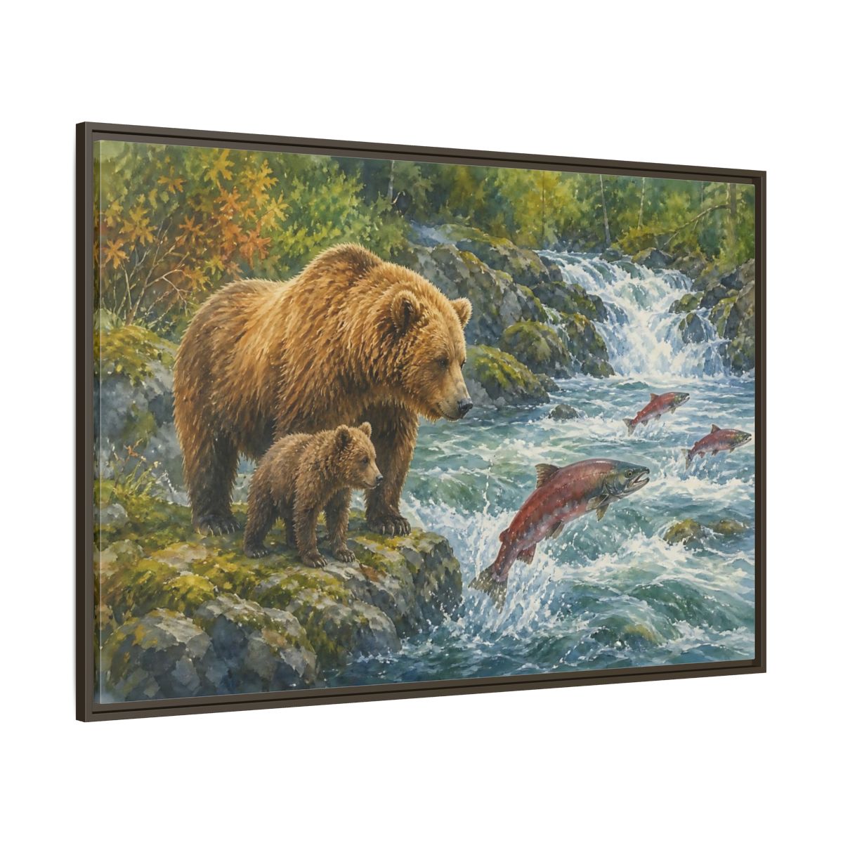Side Mockup 8. Animals Bear Family Brown Bear Salmon shown as stretched canvas wall art