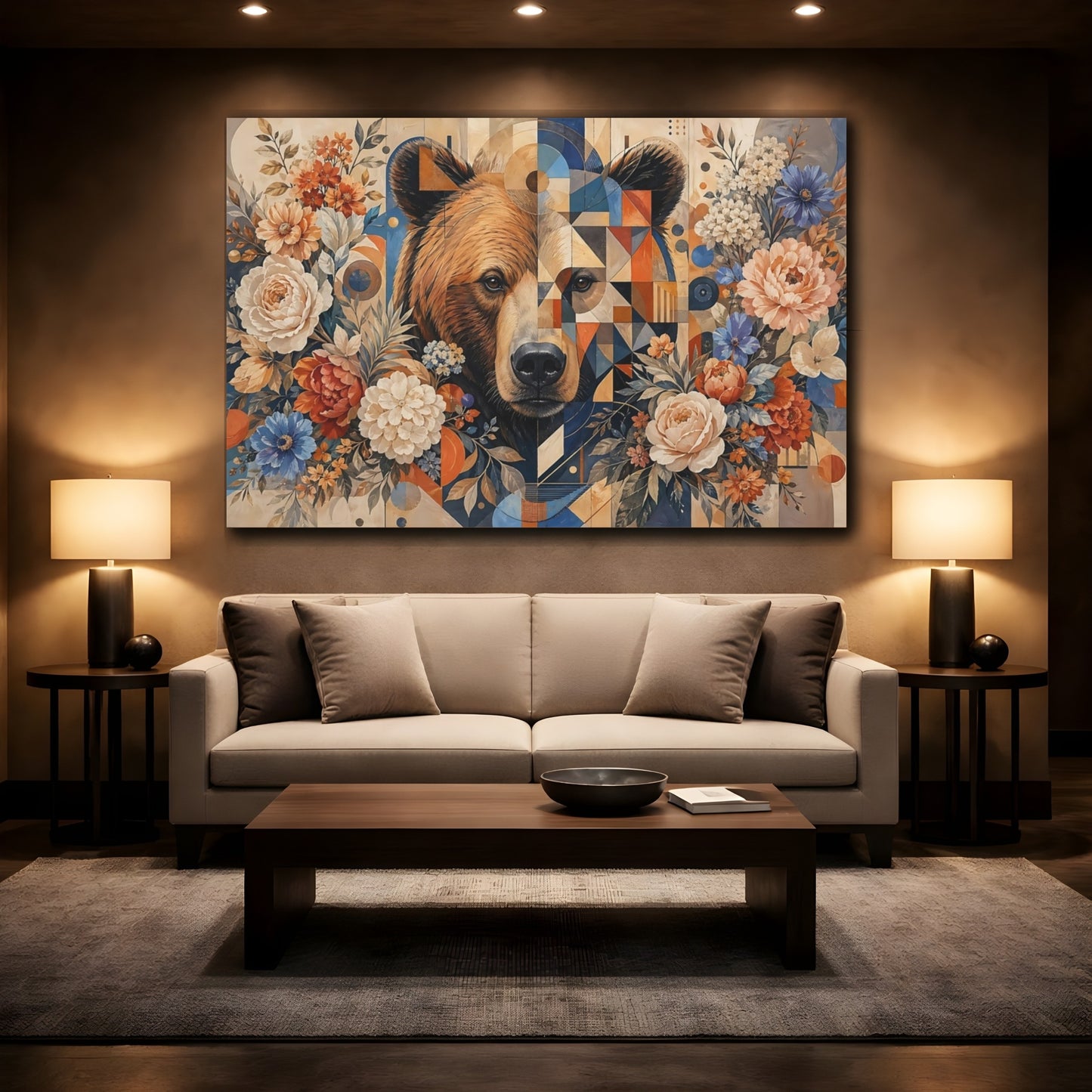 Mockup 2. Animals Bear Geometric Bear Floral shown as stretched canvas wall art
