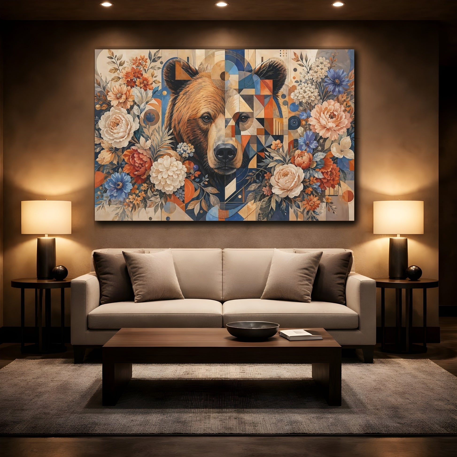 Mockup 2. Animals Bear Geometric Bear Floral shown as stretched canvas wall art