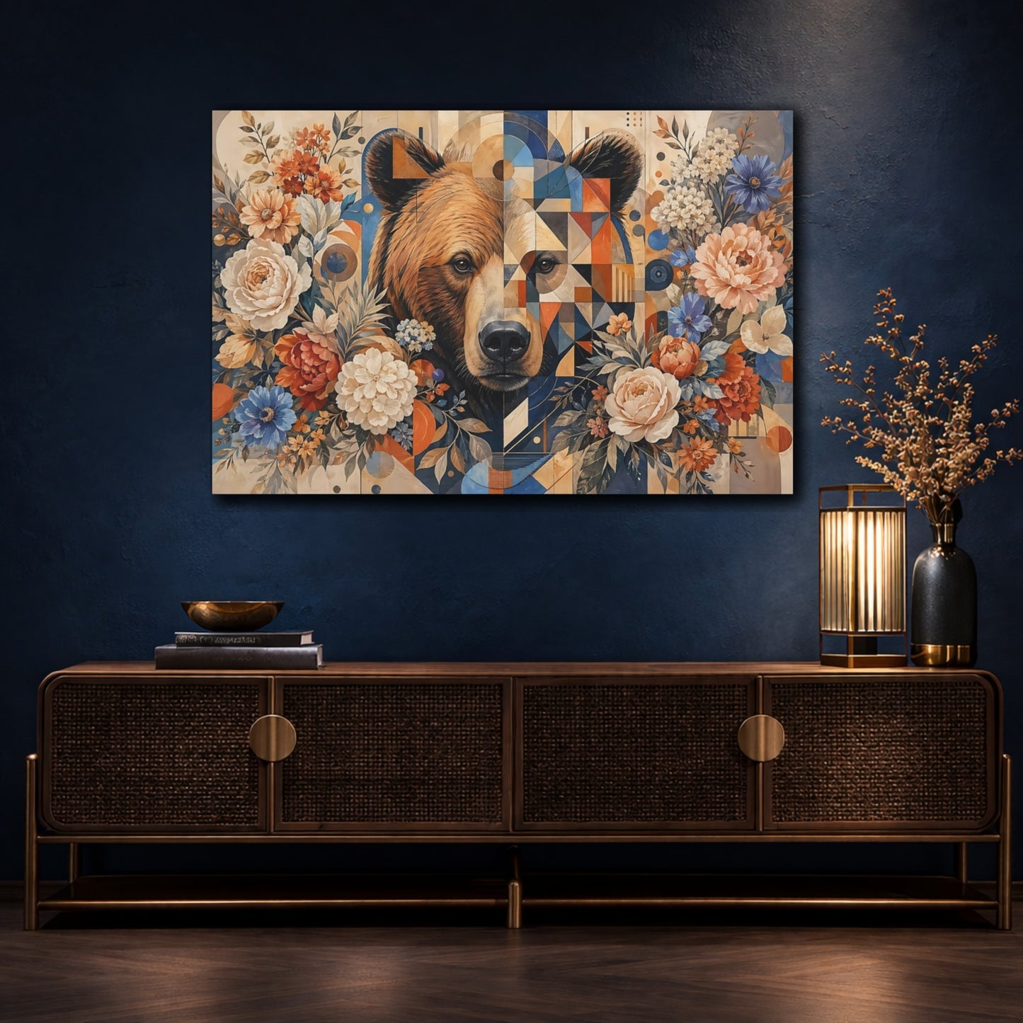 Mockup 4. Animals Bear Geometric Bear Floral shown as stretched canvas wall art