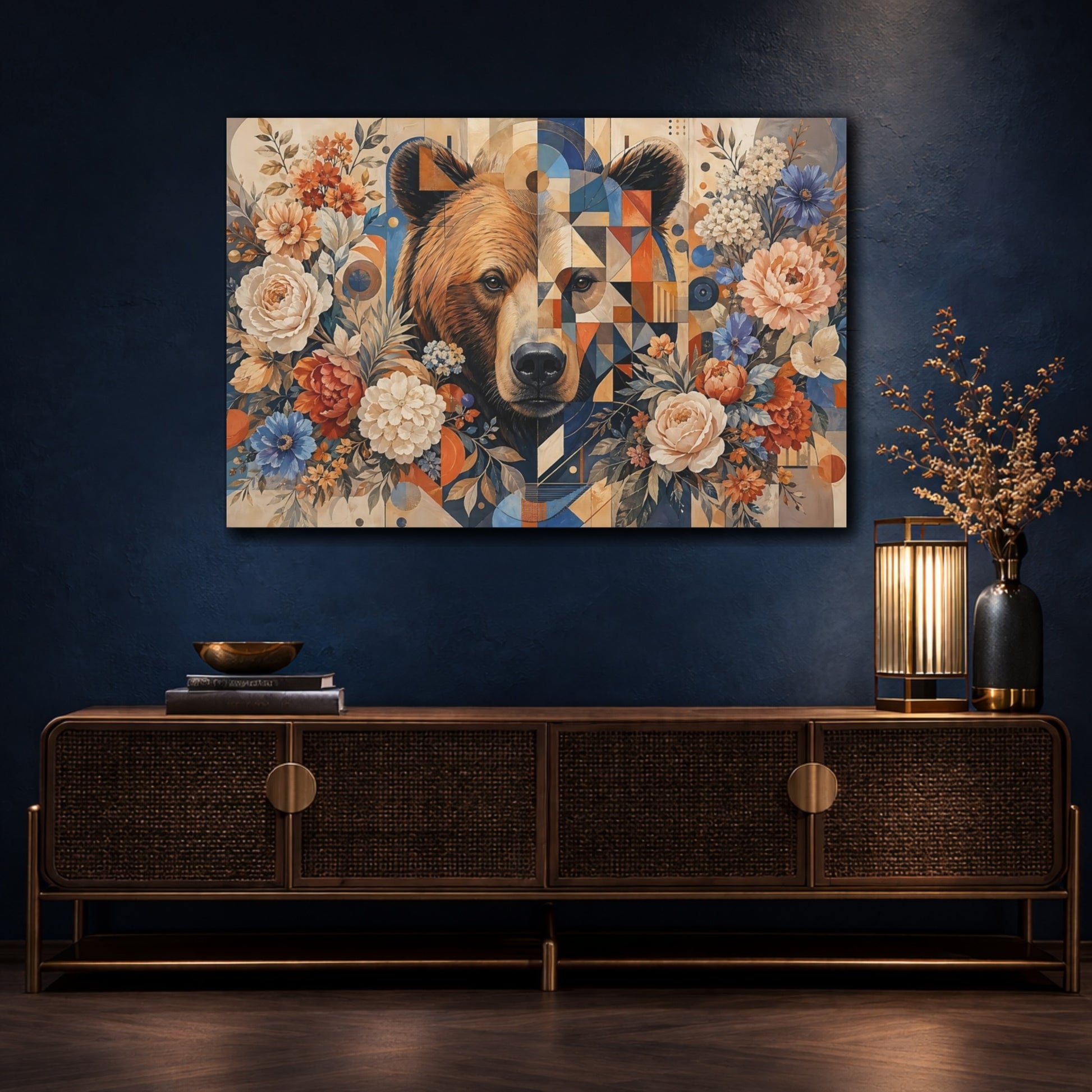 Mockup 4. Animals Bear Geometric Bear Floral shown as stretched canvas wall art