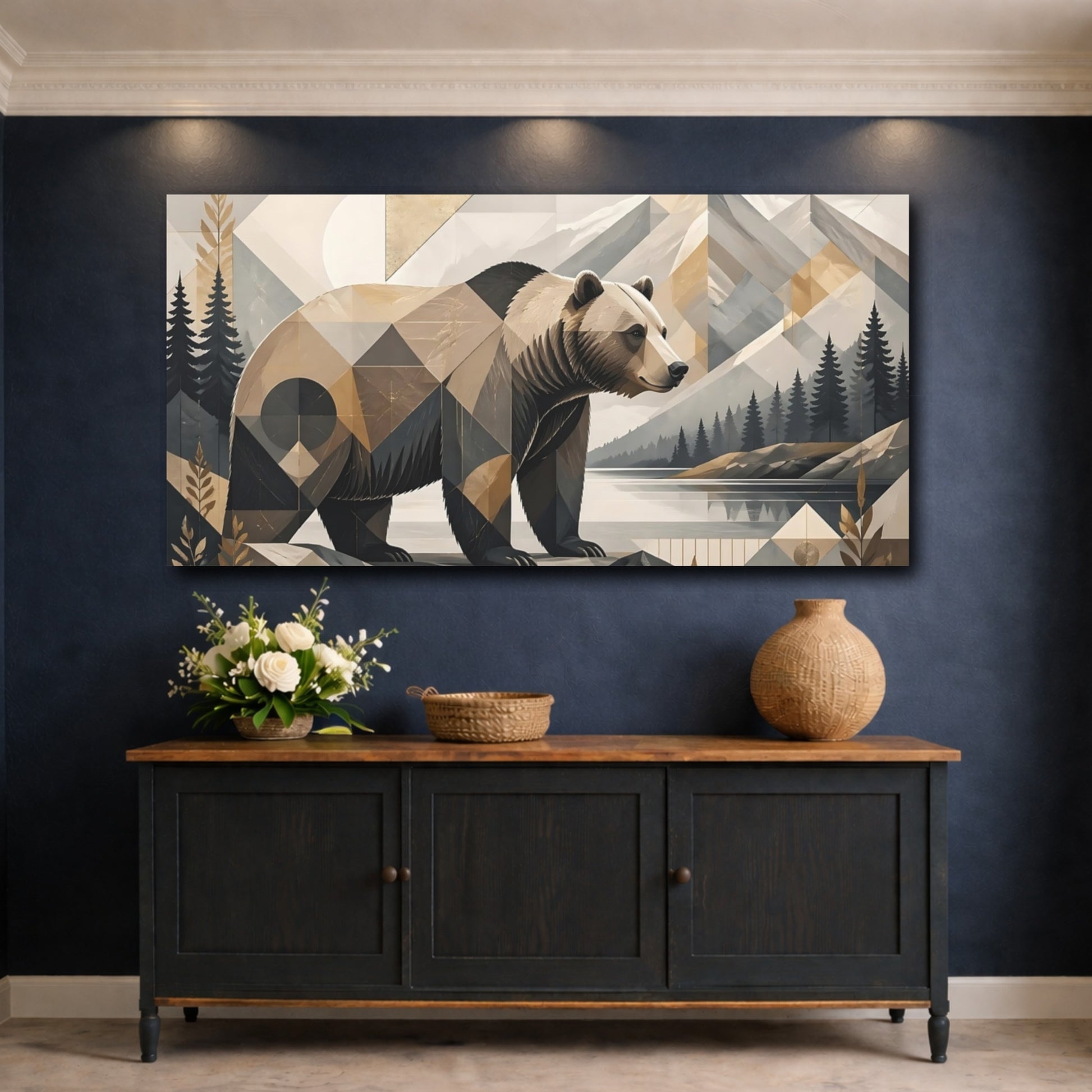 Mockup 4. Animals Bear Geometric Bear shown as stretched canvas wall art