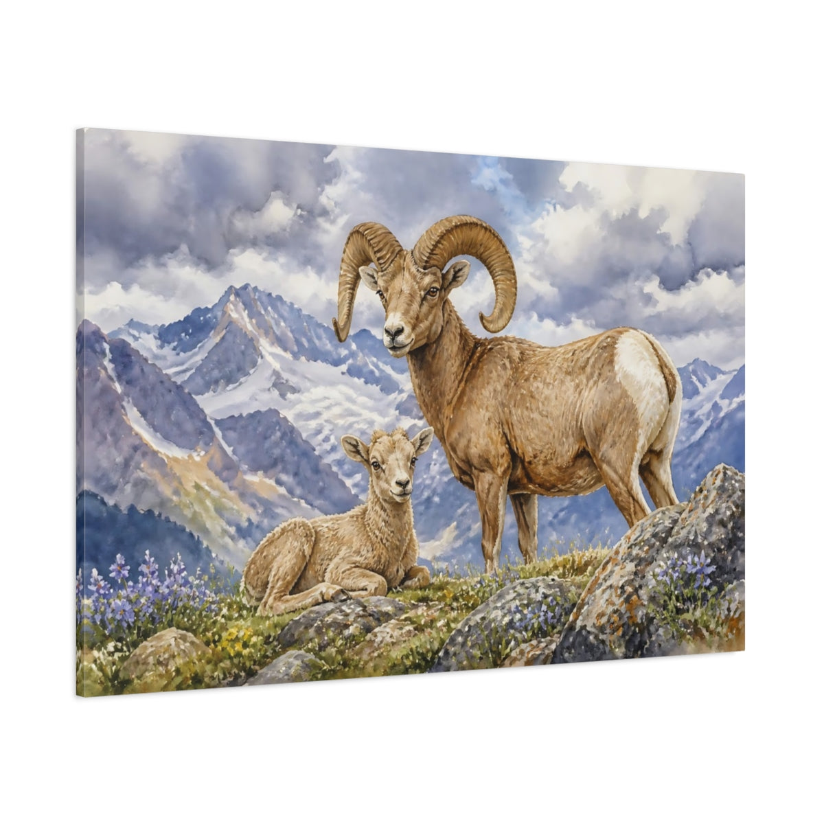 Side Mockup 1. Animals Bighorn Sheep In Alps shown as canvas print