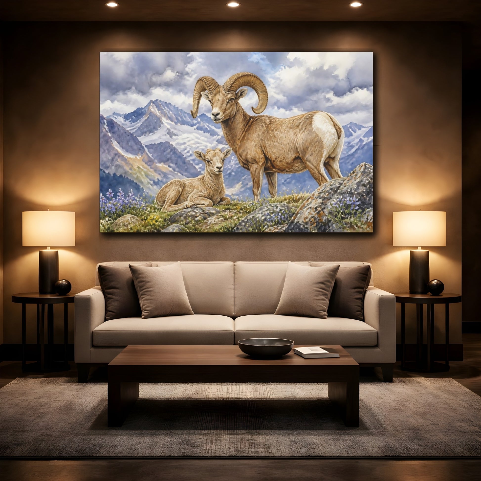 Mockup 2. Animals Bighorn Sheep In Alps shown as canvas print