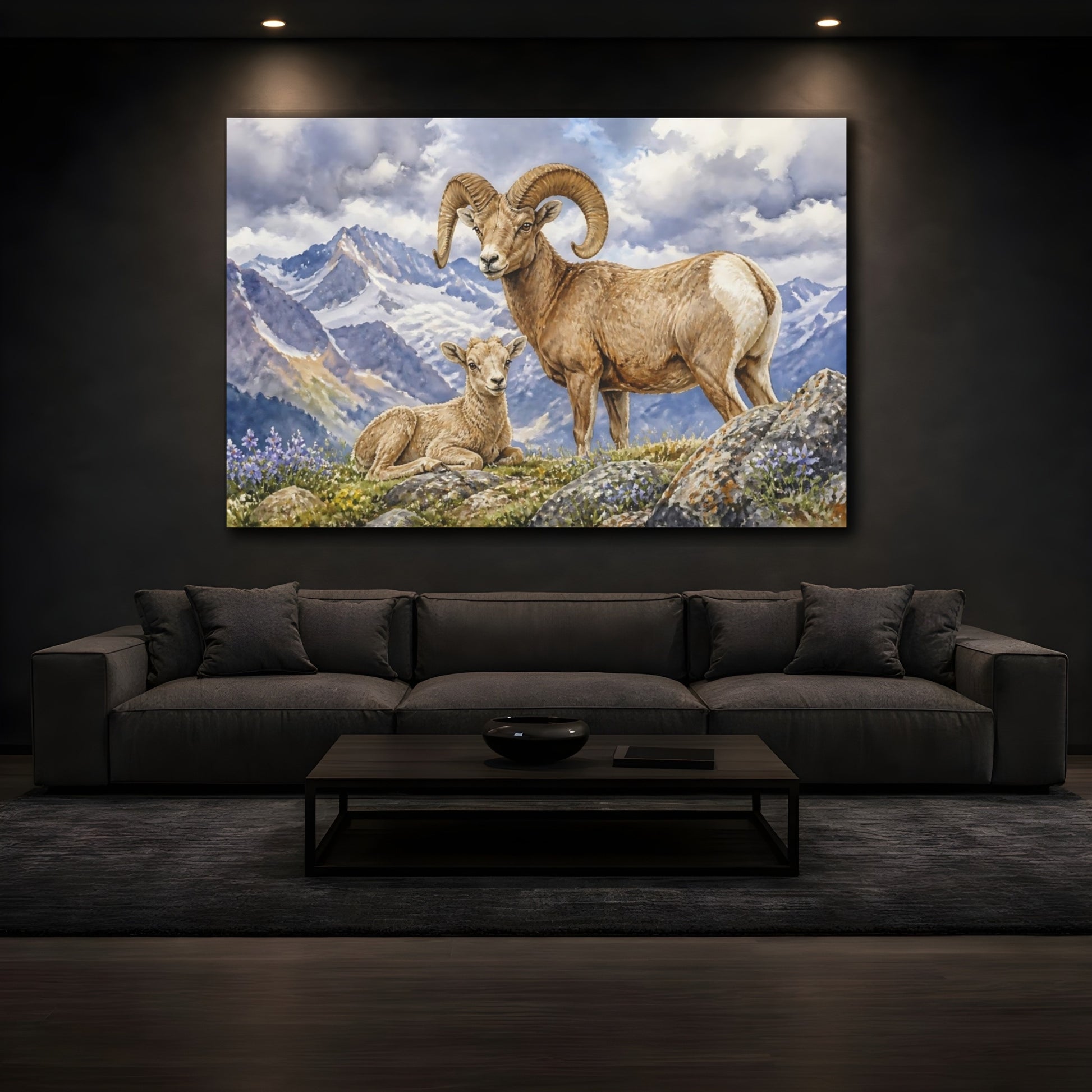 Mockup 3. Animals Bighorn Sheep In Alps shown as canvas print