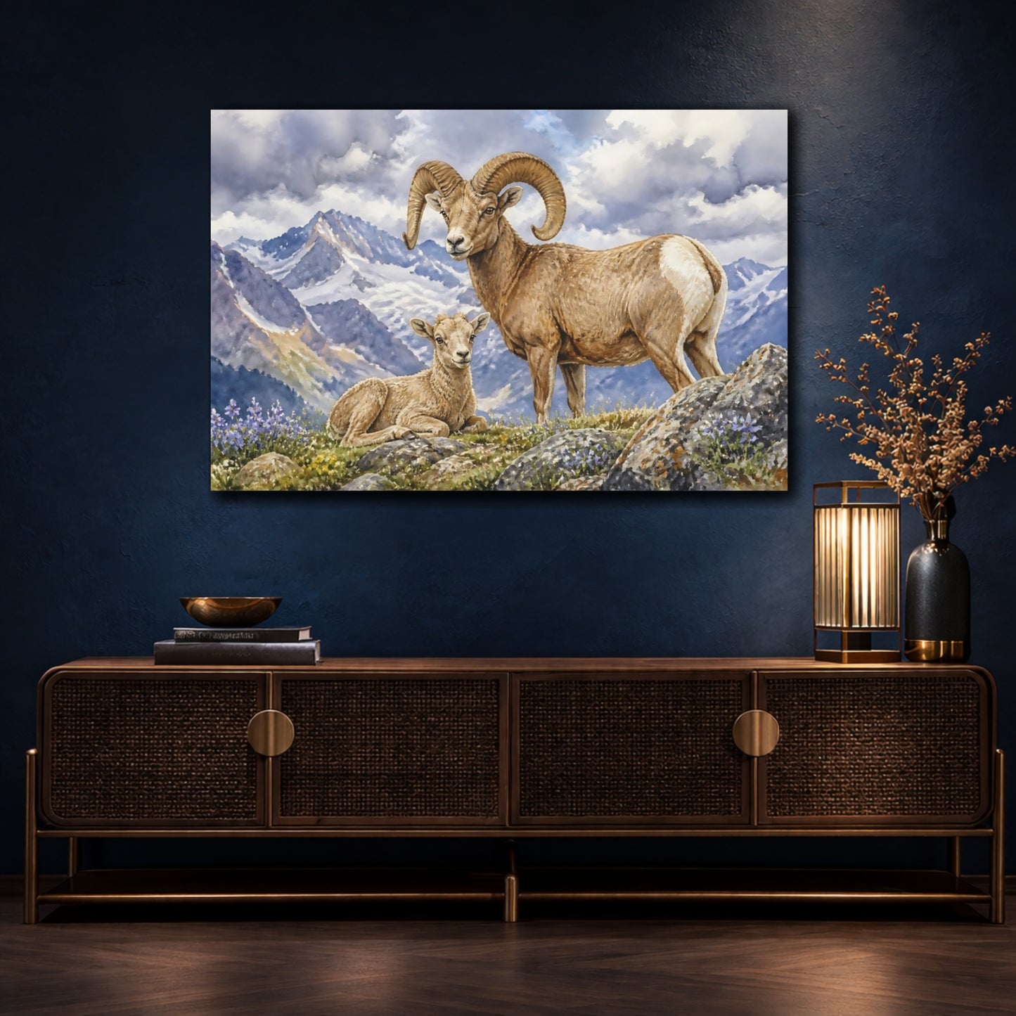 Mockup 4. Animals Bighorn Sheep In Alps shown as canvas print