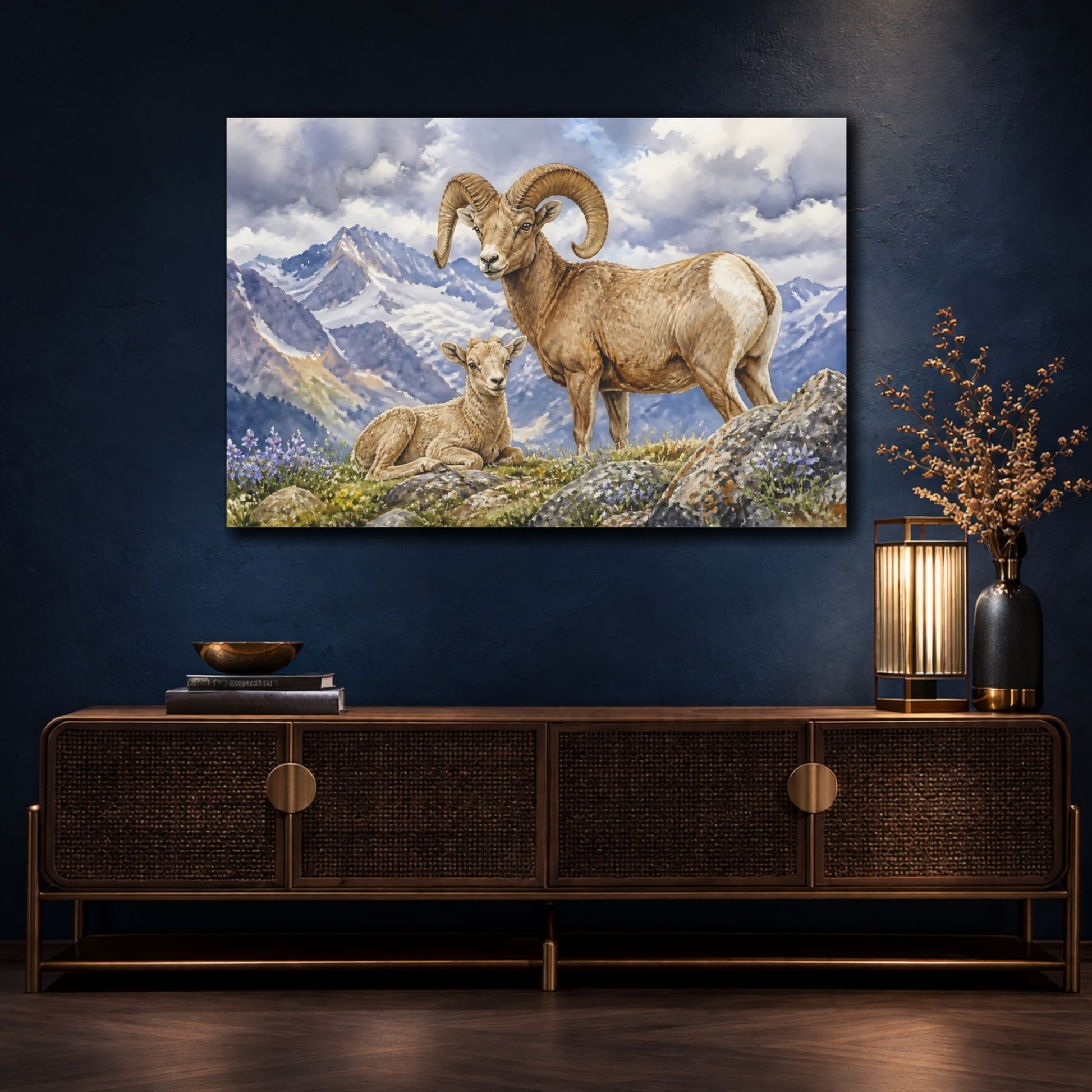 Mockup 4. Animals Bighorn Sheep In Alps shown as canvas print