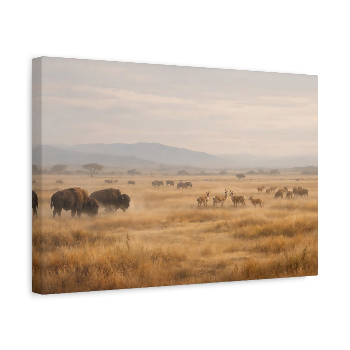 Side Mockup 4. Animals Bison, Antelopes Brown And Gold shown as stretched canvas wall art