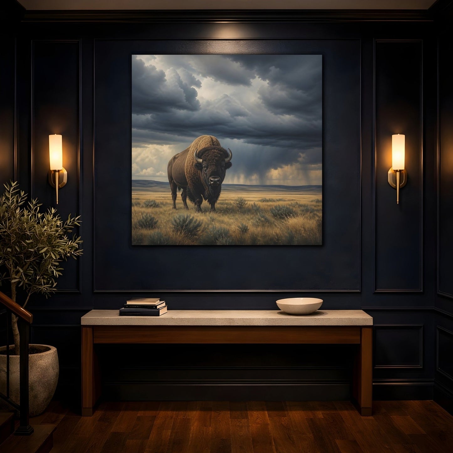 Animals Bison Brown And Gray Canvas Print – Realistic Living Room, Above Sofa - YesArtYes