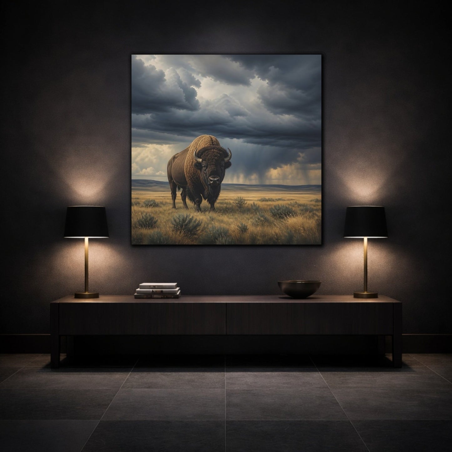Animals Bison Brown And Gray Canvas Print – Realistic Living Room, Above Sofa - YesArtYes