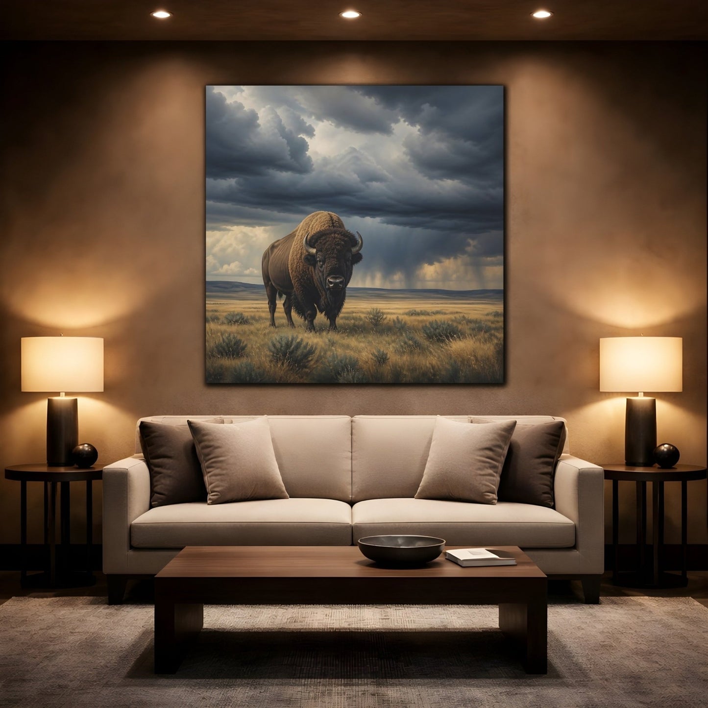 Animals Bison Brown And Gray Canvas Print – Realistic Living Room, Above Sofa - YesArtYes