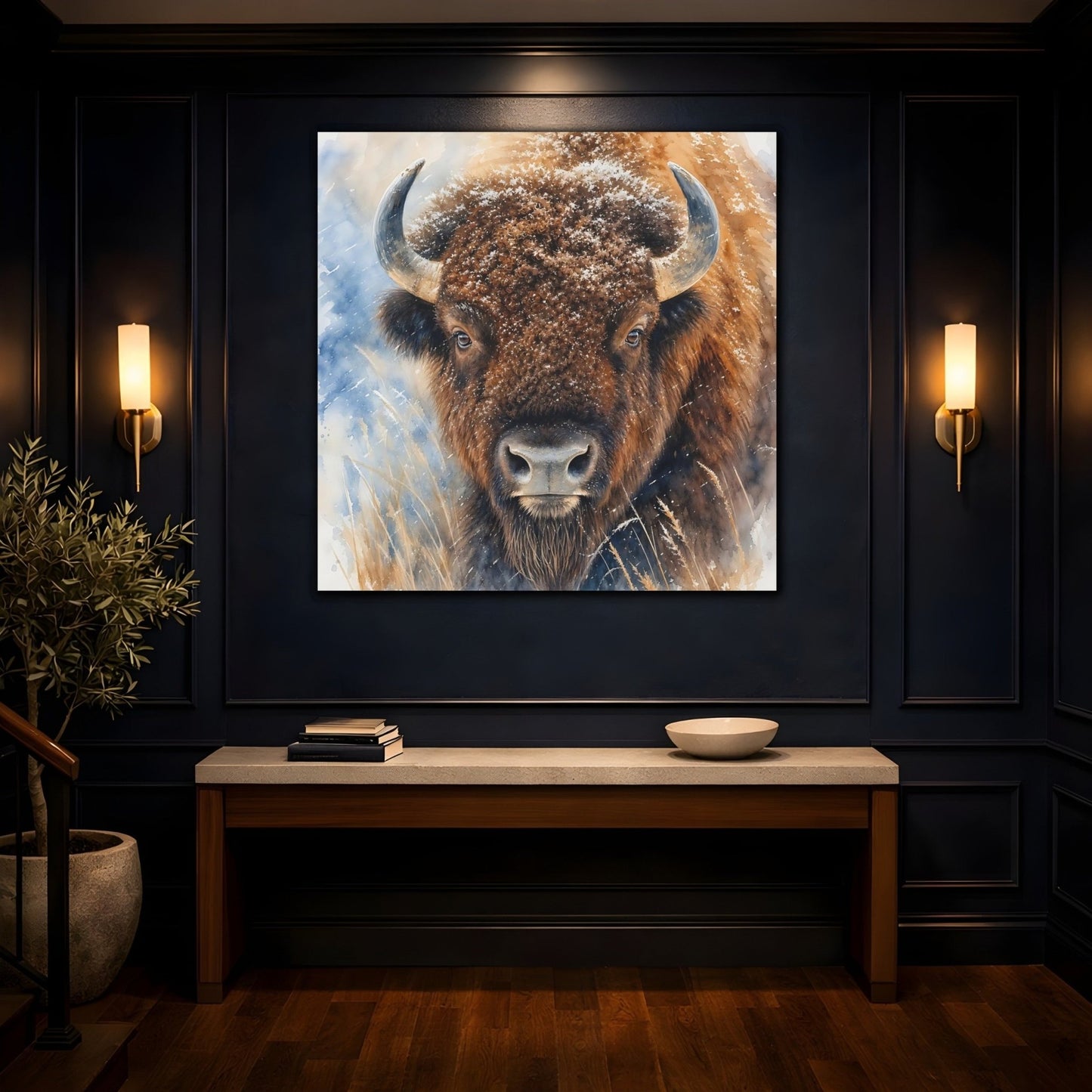 Animals Bison Brown Winter Canvas Print – watercolor Living Room, Above Console Table - YesArtYes