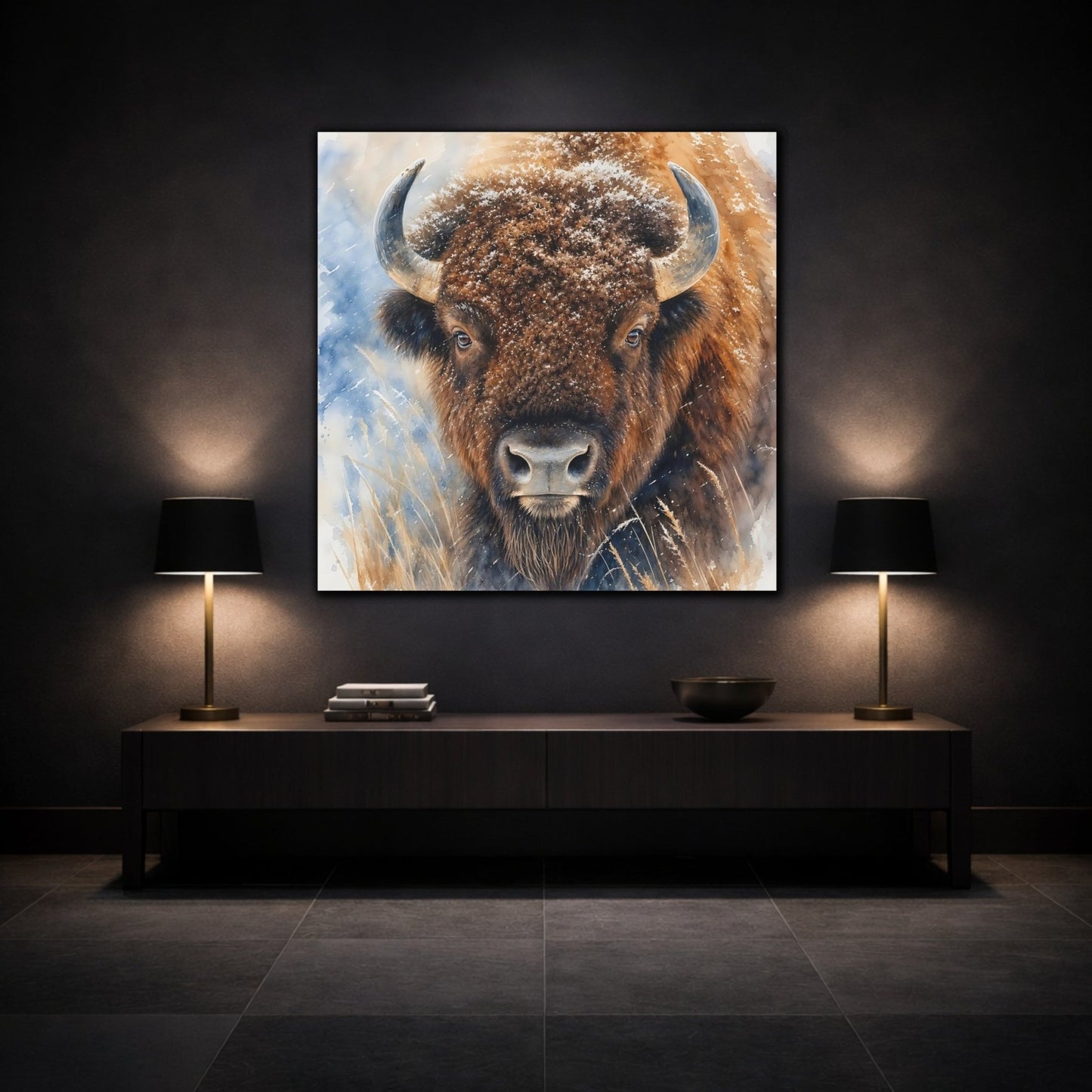Animals Bison Brown Winter Canvas Print – watercolor Living Room, Above Console Table - YesArtYes
