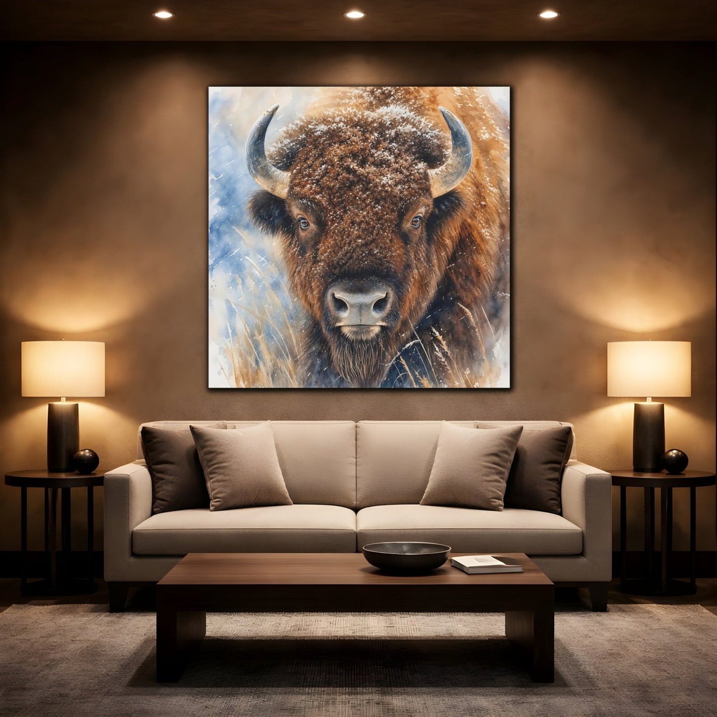 Animals Bison Brown Winter Canvas Print – watercolor Living Room, Above Console Table - YesArtYes