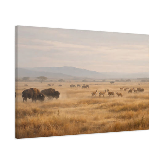 Main Mockup. Animals Bison, Antelopes Brown And Gold shown as stretched canvas wall art