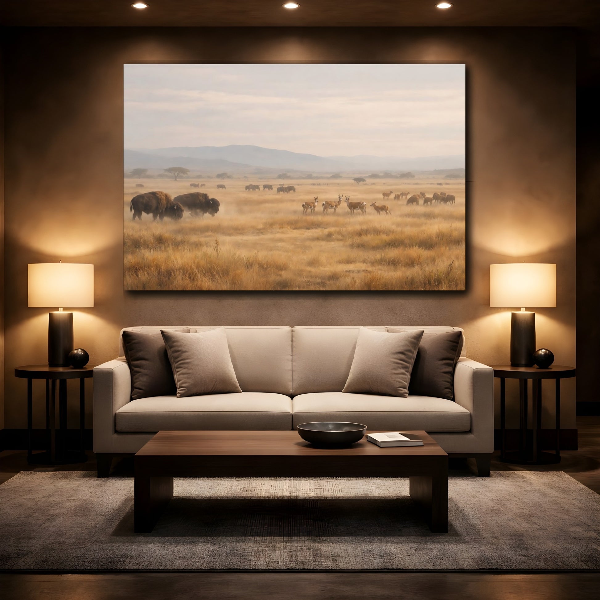 Mockup 3. Animals Bison, Antelopes Brown And Gold shown as stretched canvas wall art