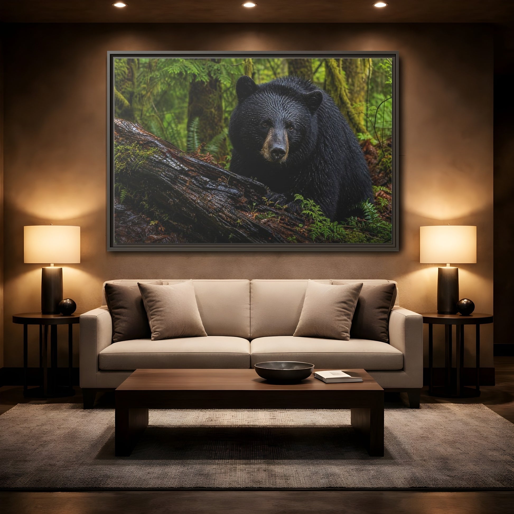 Mockup 2. Animals Black Bear Black Bear Forest shown as stretched canvas wall art