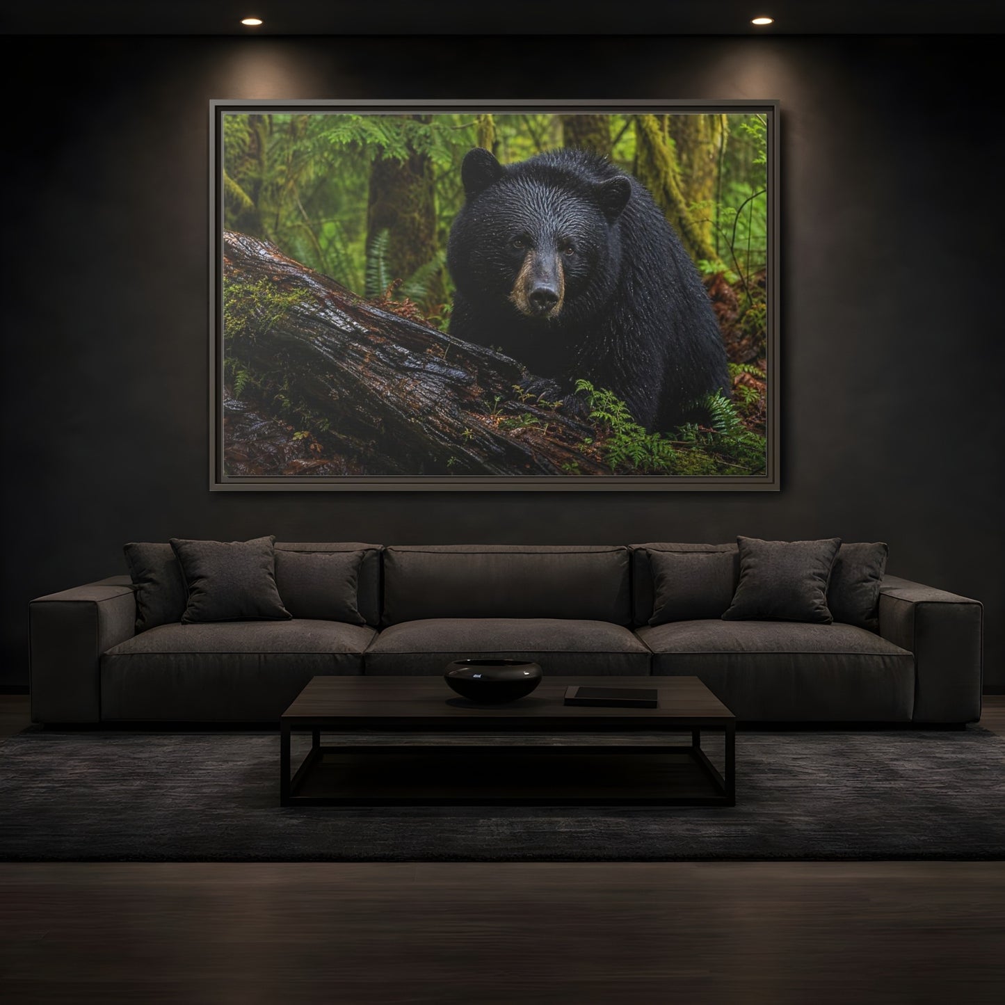 Mockup 3. Animals Black Bear Black Bear Forest shown as stretched canvas wall art
