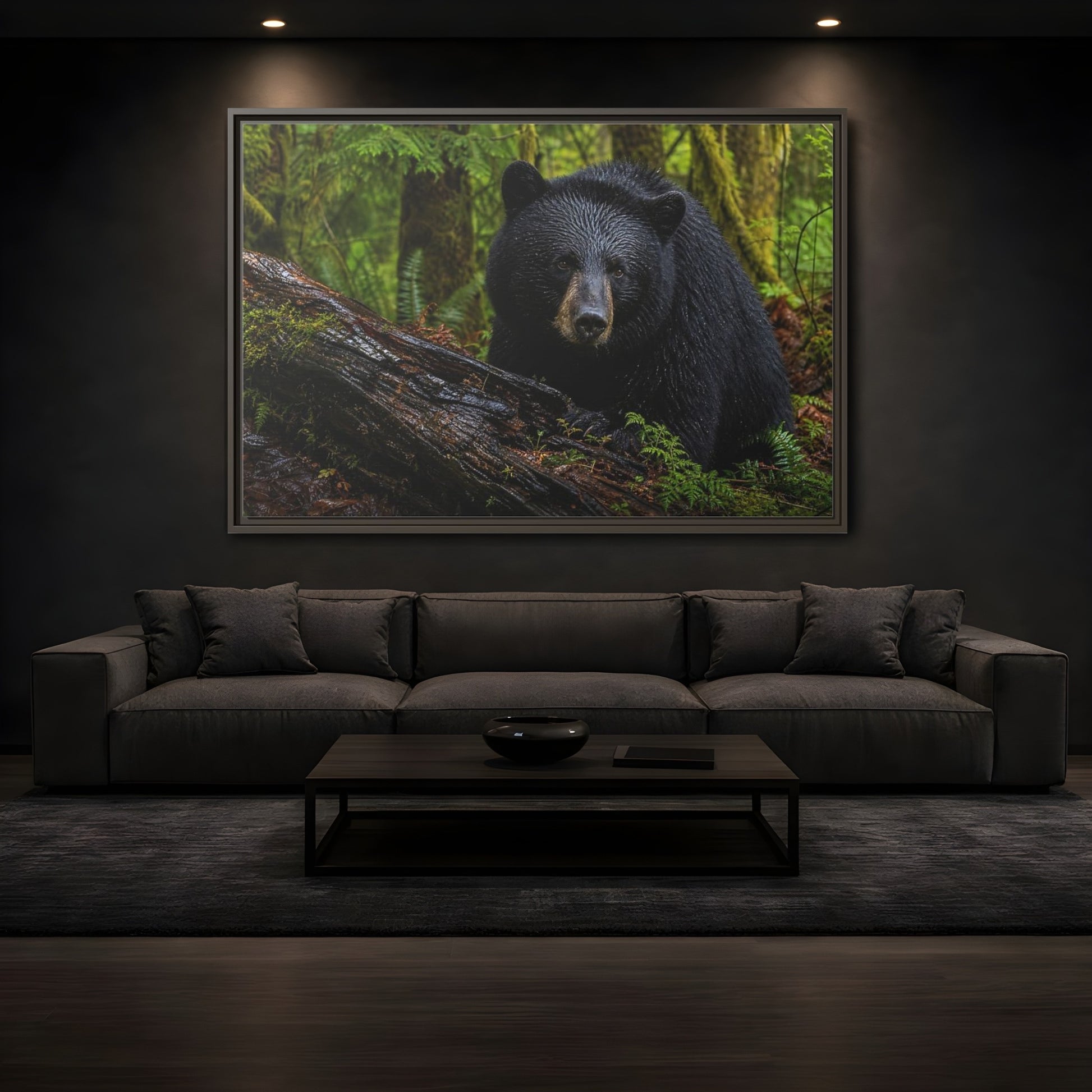 Mockup 3. Animals Black Bear Black Bear Forest shown as stretched canvas wall art