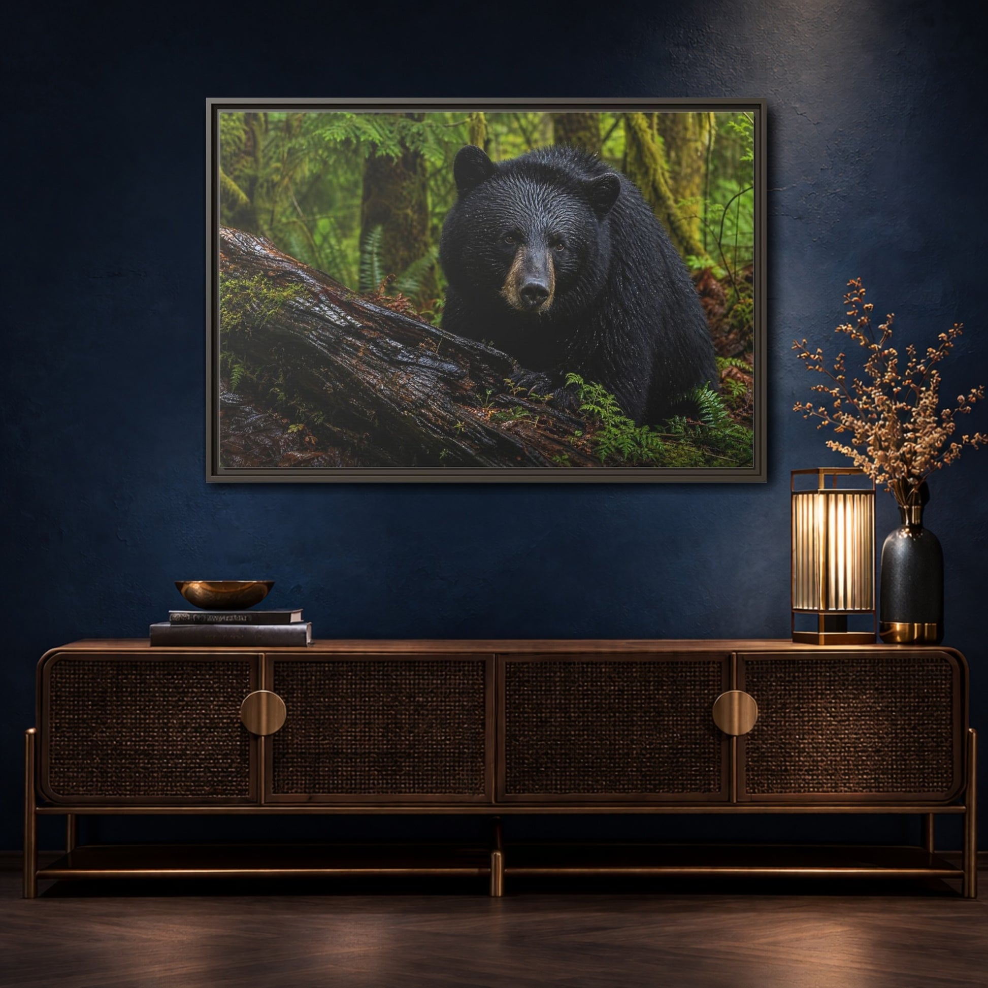 Mockup 4. Animals Black Bear Black Bear Forest shown as stretched canvas wall art