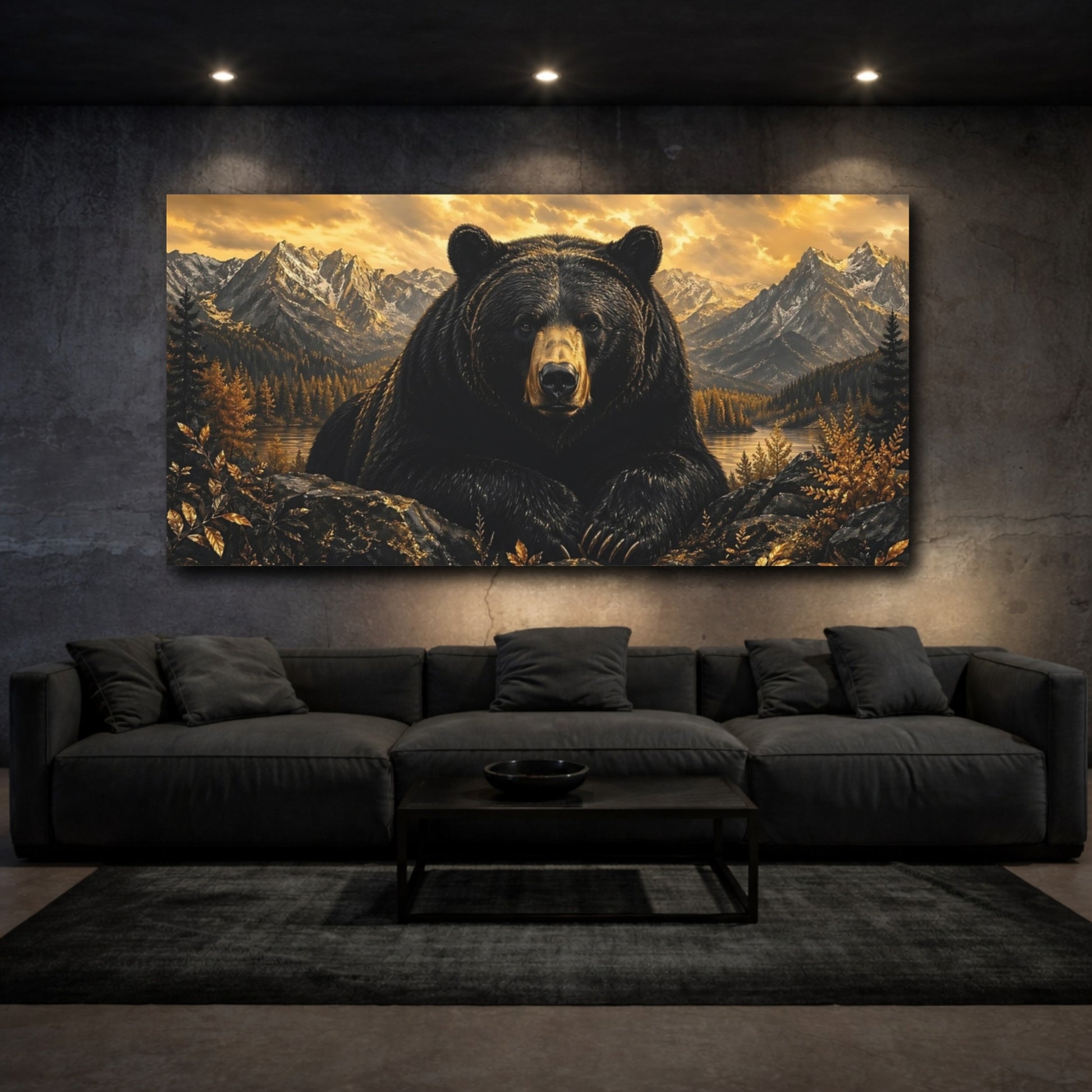 Mockup 2. Animals Black Bear Black Bear Gold shown as stretched canvas wall art