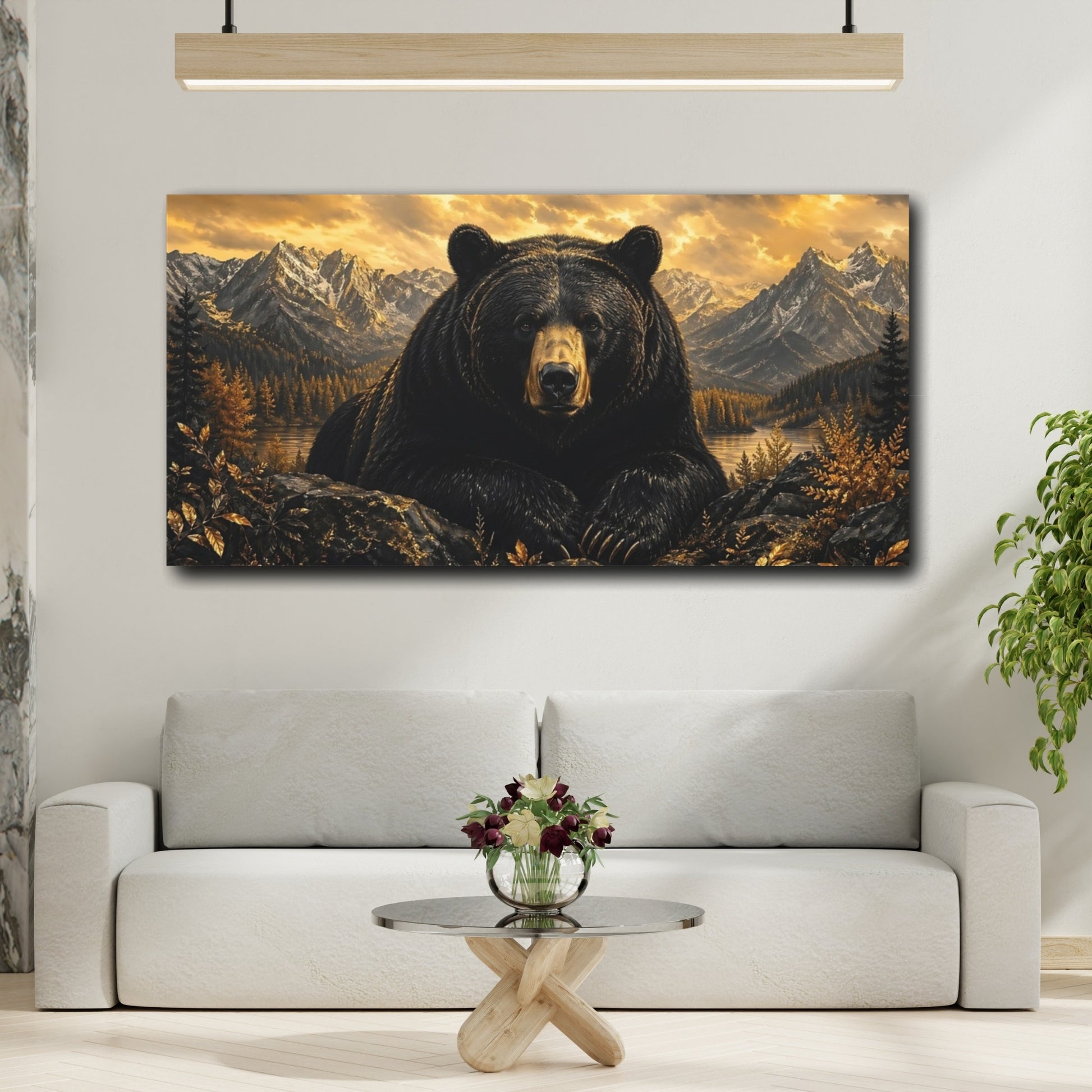 Mockup 3. Animals Black Bear Black Bear Gold shown as stretched canvas wall art