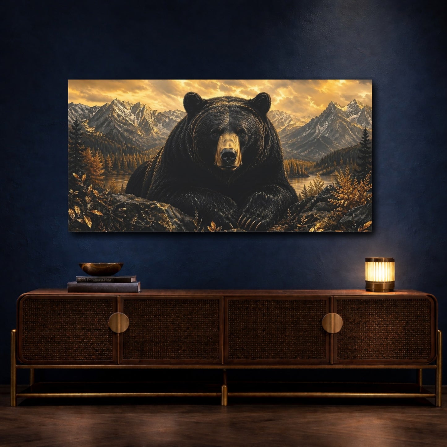 Mockup 4. Animals Black Bear Black Bear Gold shown as stretched canvas wall art