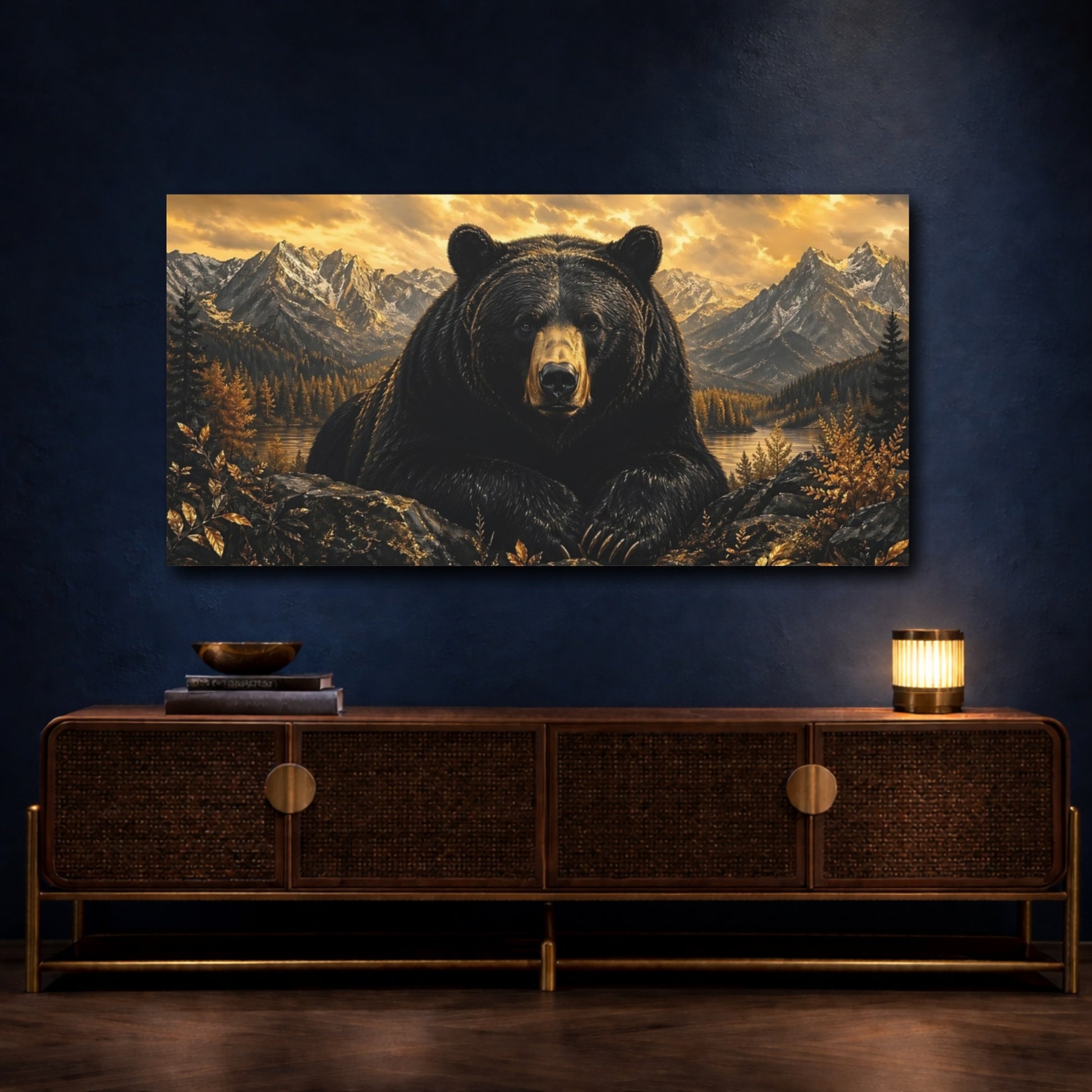 Mockup 4. Animals Black Bear Black Bear Gold shown as stretched canvas wall art