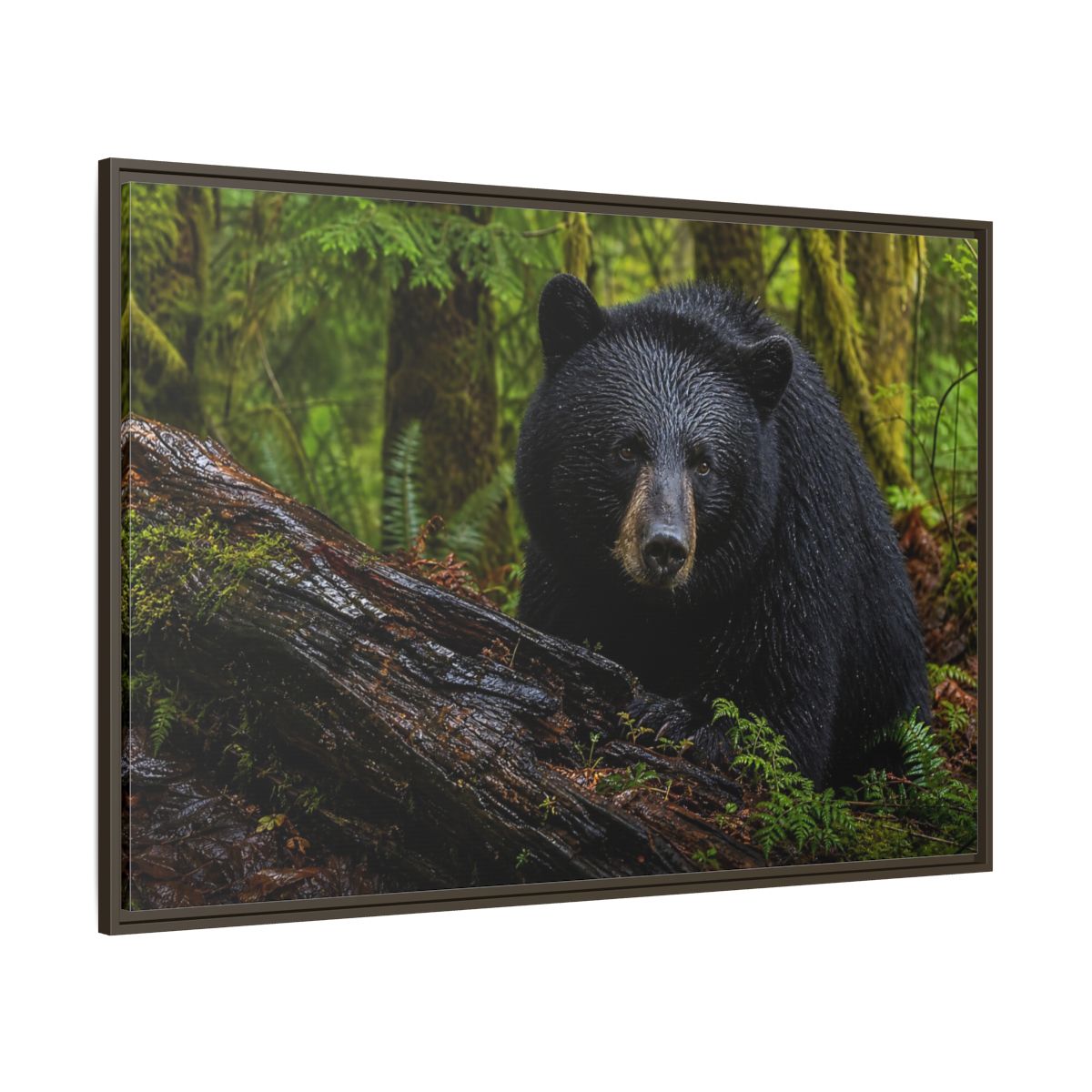 Side Mockup 8. Animals Black Bear Black Bear Forest shown as stretched canvas wall art