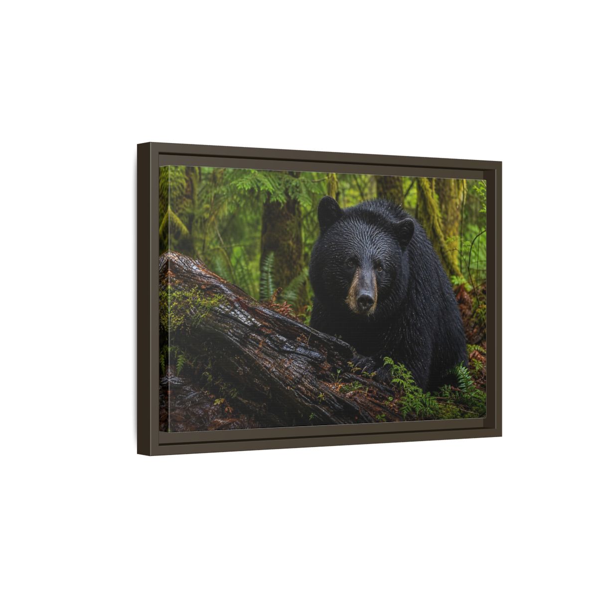 Side Mockup 5. Animals Black Bear Black Bear Forest shown as stretched canvas wall art