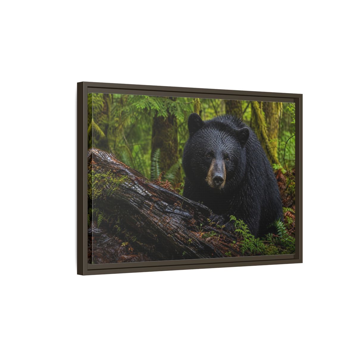 Side Mockup 2. Animals Black Bear Black Bear Forest shown as stretched canvas wall art