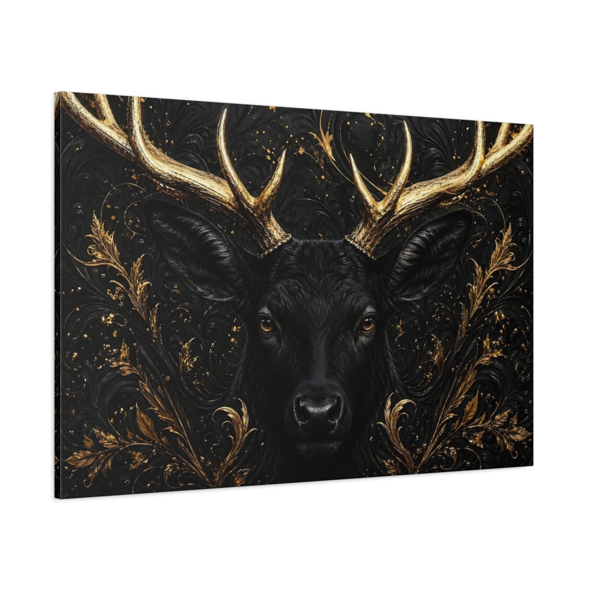 Side Mockup 1. Animals Black Deer Black And Gold shown as stretched canvas wall art