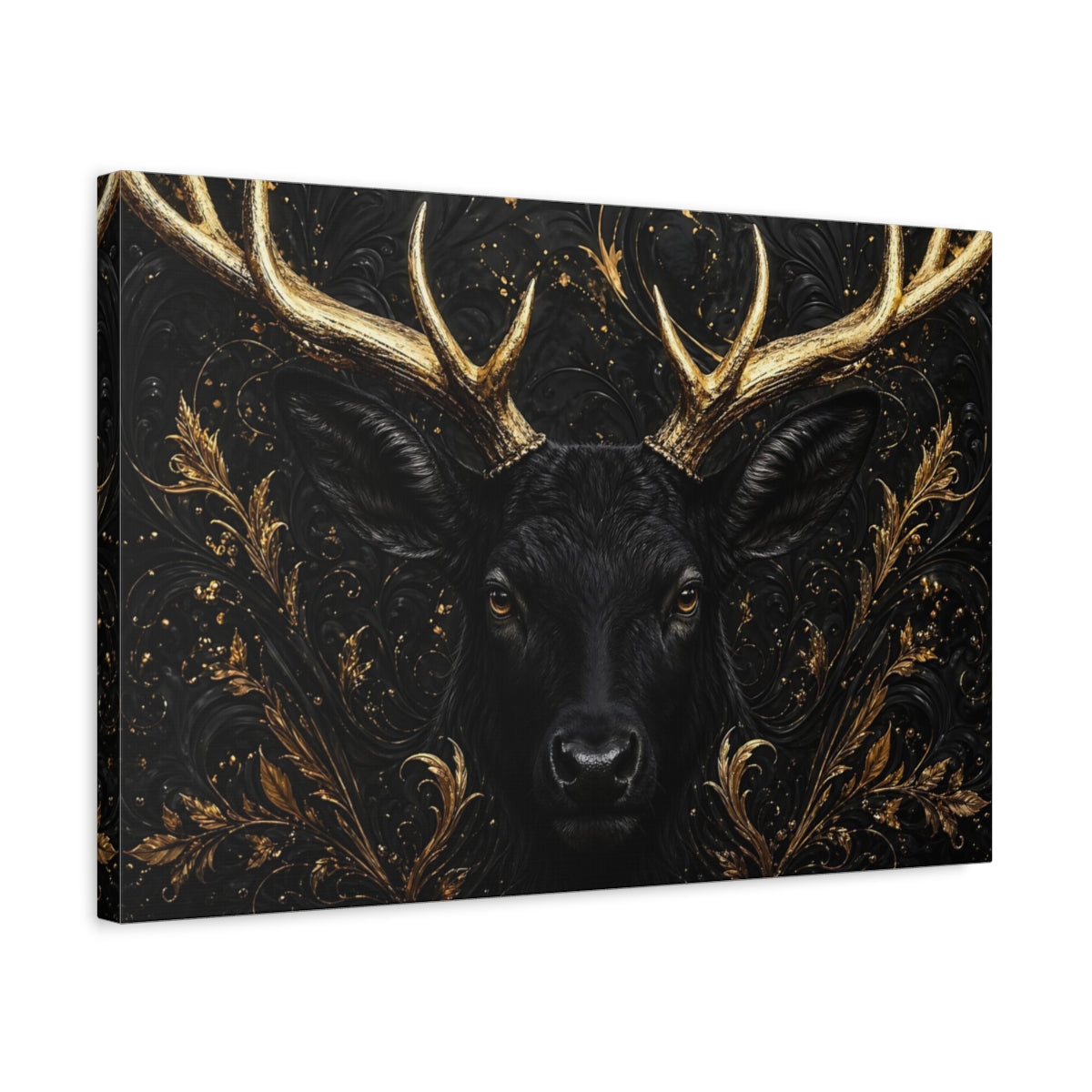 Side Mockup 3. Animals Black Deer Black And Gold shown as stretched canvas wall art