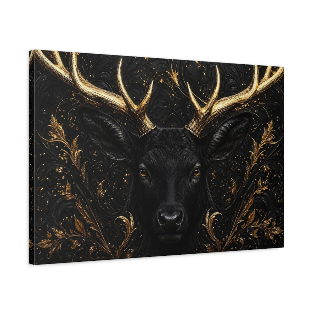 Side Mockup 2. Animals Black Deer Black And Gold shown as stretched canvas wall art