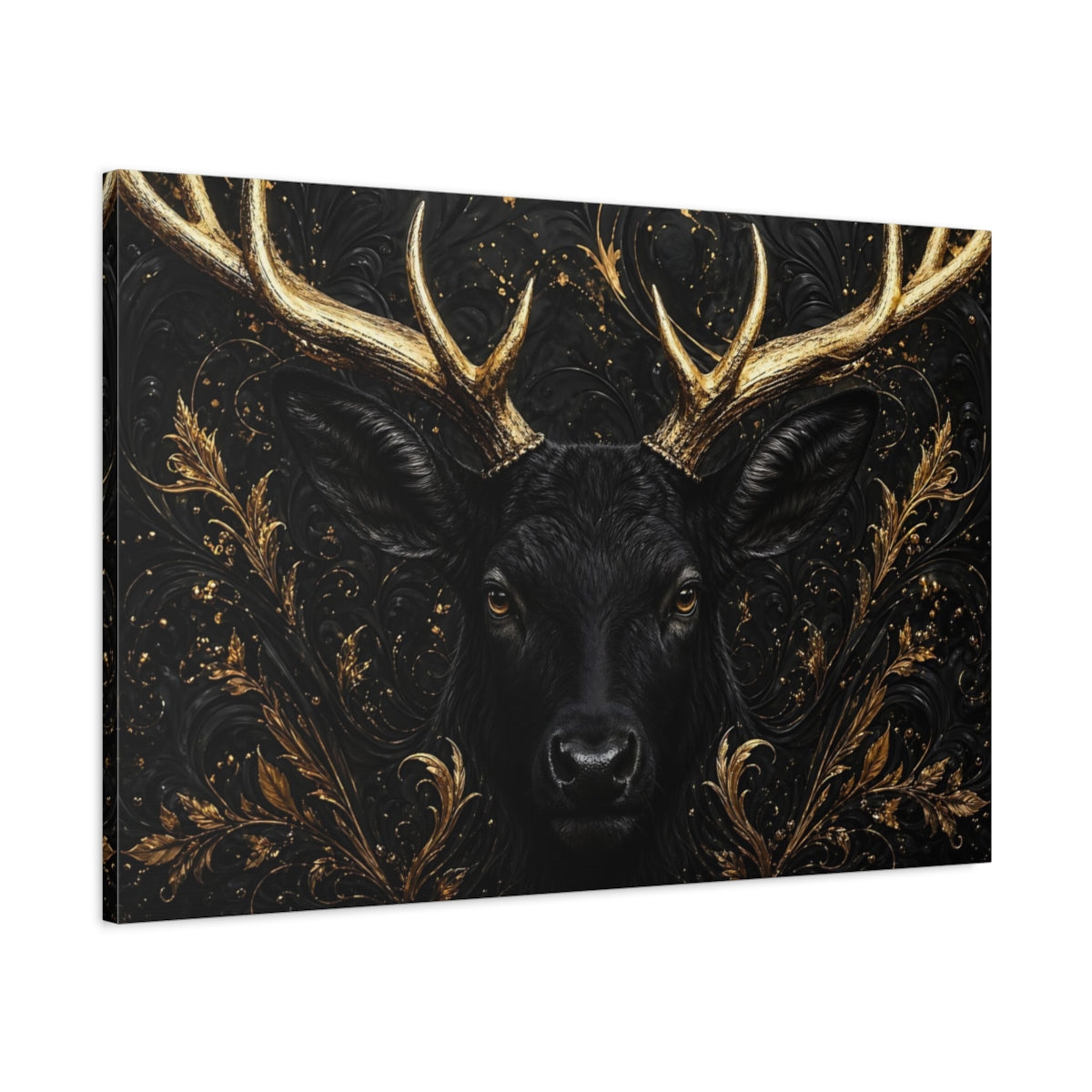 Main Mockup. Animals Black Deer Black And Gold shown as stretched canvas wall art