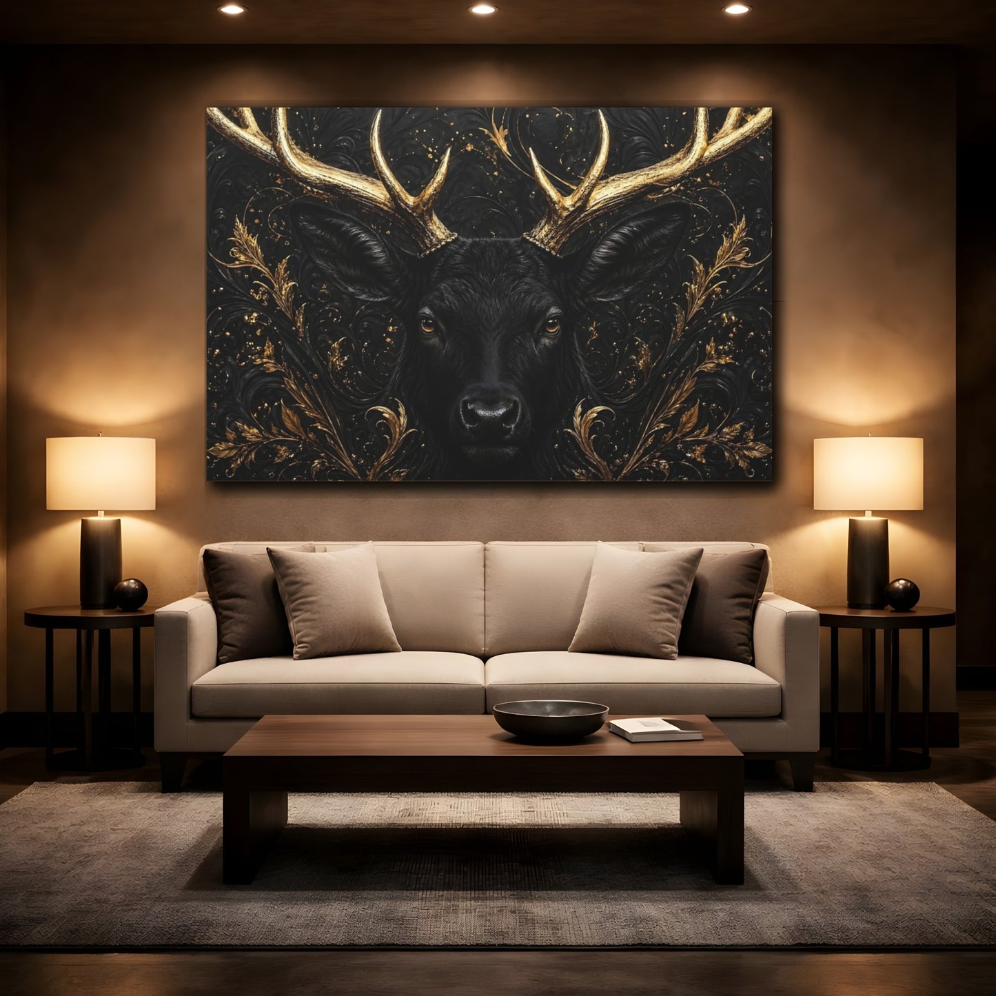 Mockup 2. Animals Black Deer Black And Gold shown as stretched canvas wall art
