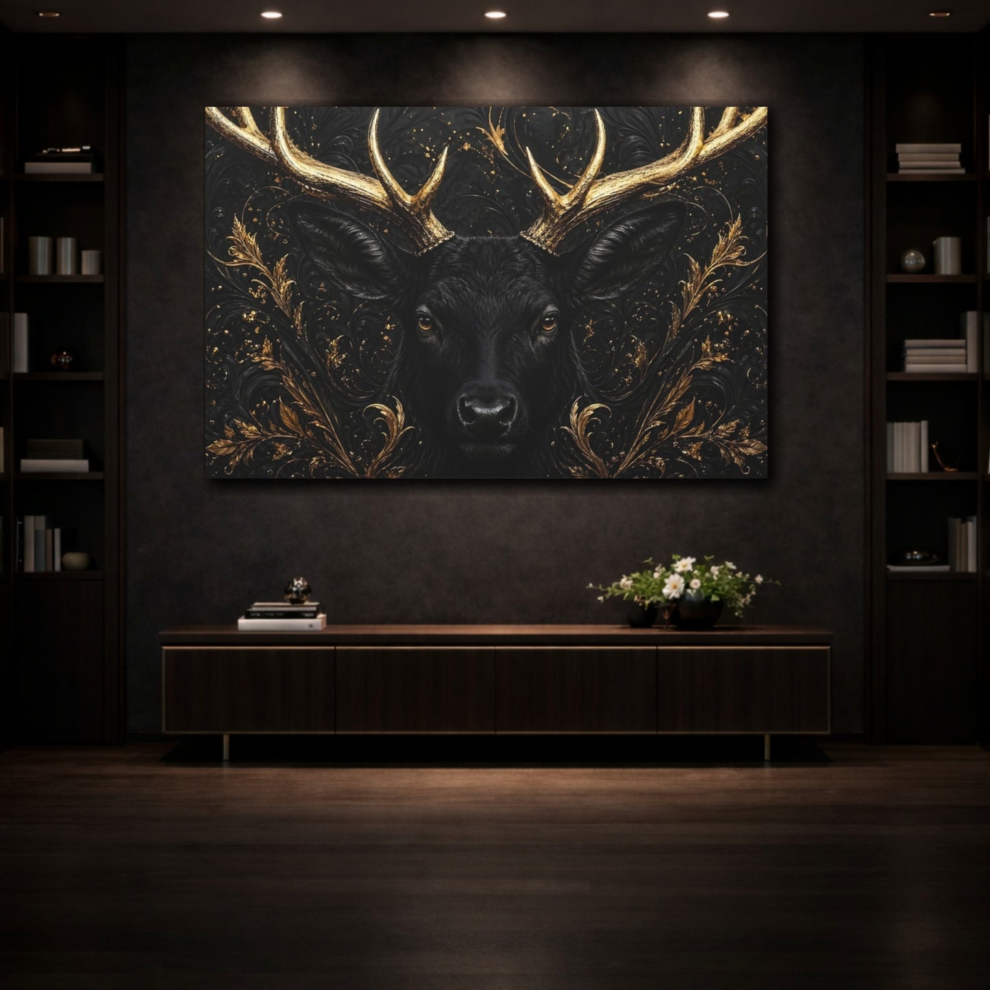 Mockup 3. Animals Black Deer Black And Gold shown as stretched canvas wall art