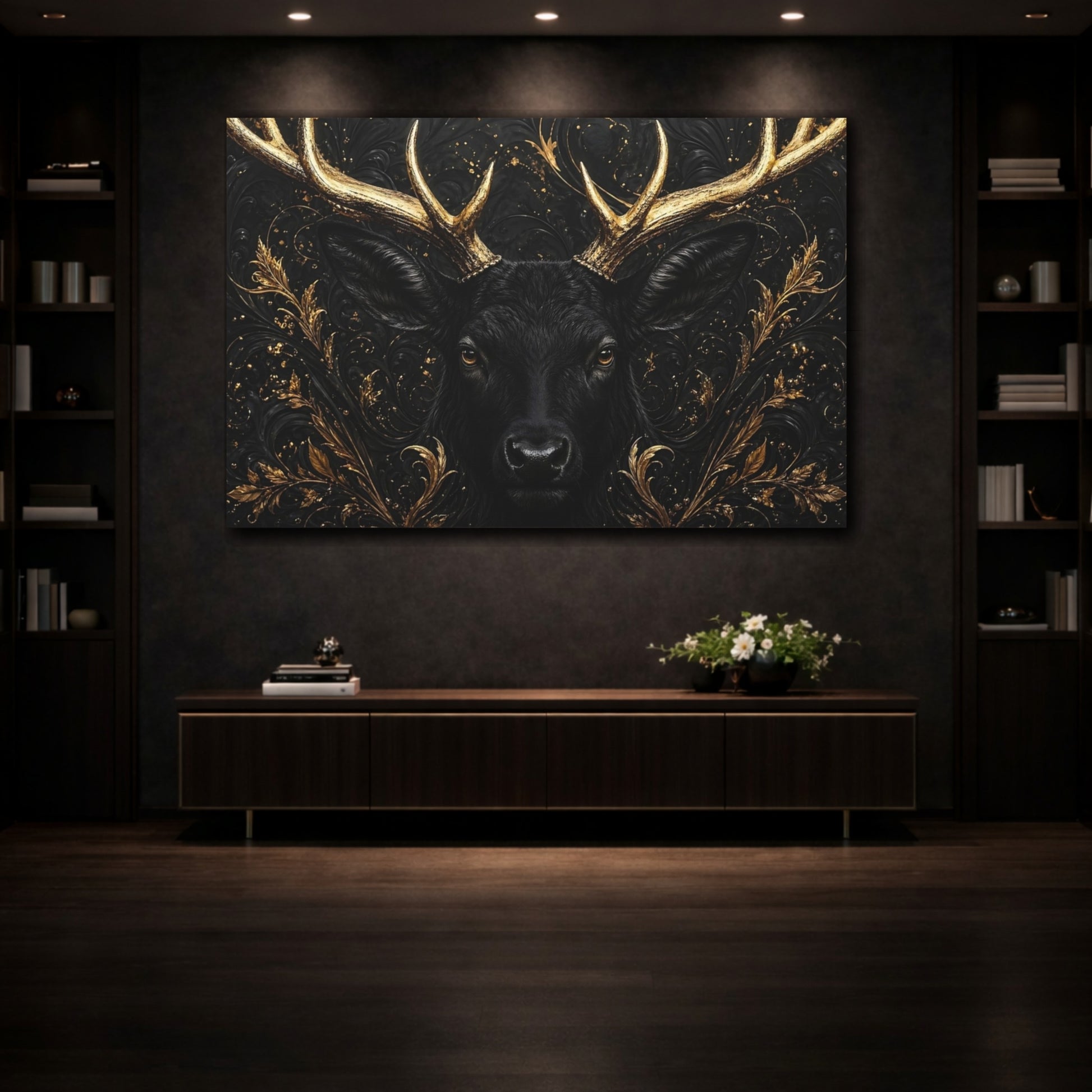 Mockup 3. Animals Black Deer Black And Gold shown as stretched canvas wall art