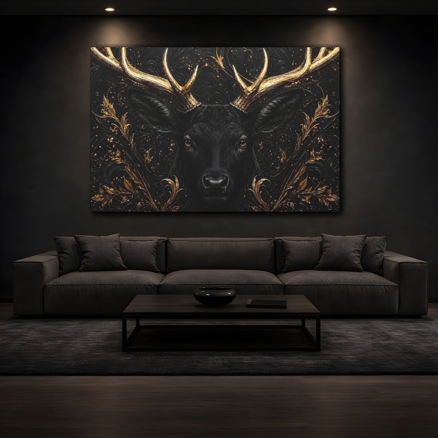 Mockup 4. Animals Black Deer Black And Gold shown as stretched canvas wall art