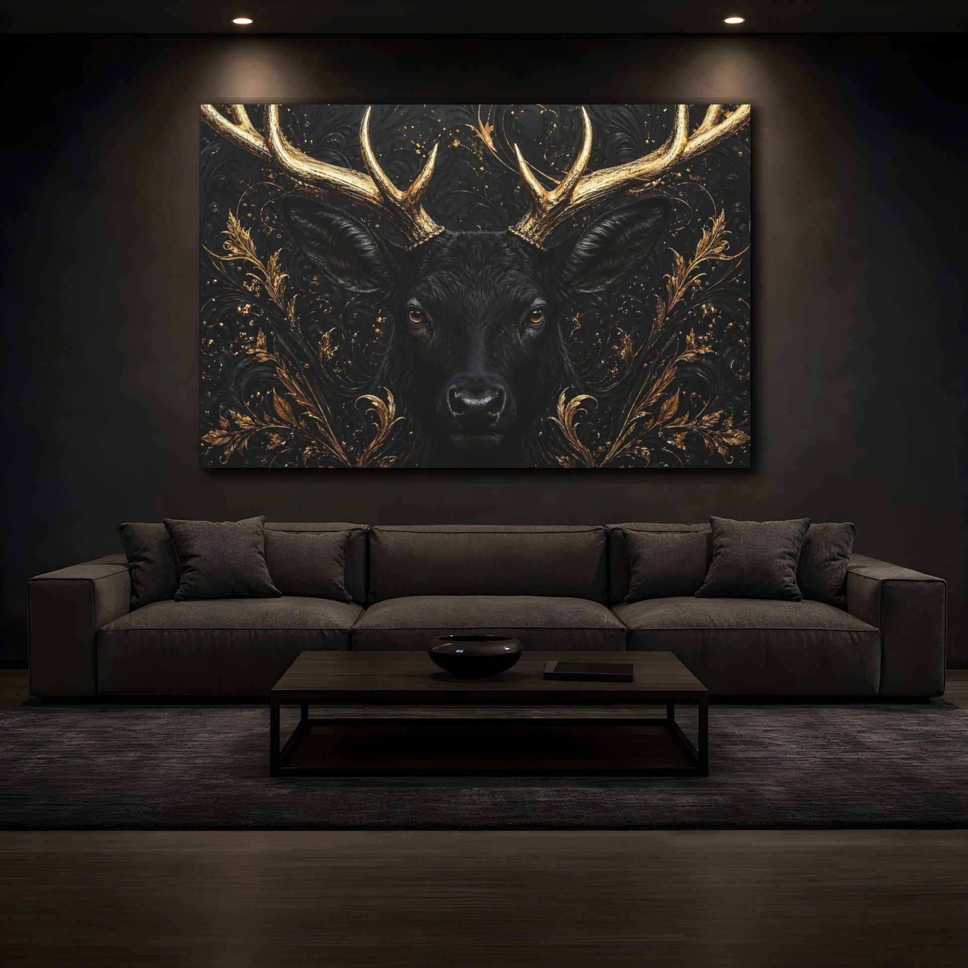 Mockup 4. Animals Black Deer Black And Gold shown as stretched canvas wall art
