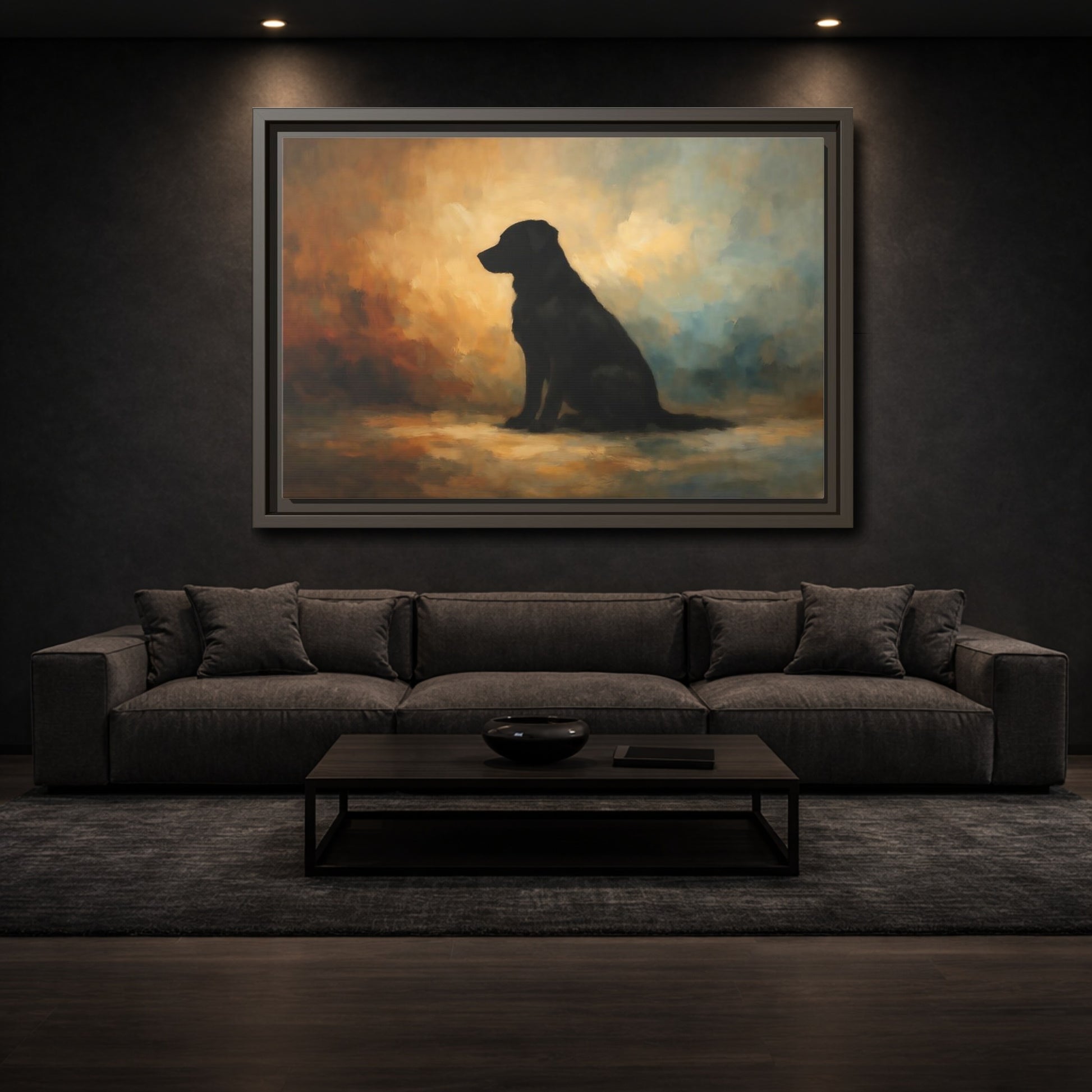 Mockup 2. Animals Black Dog Black Dog Painting shown as stretched canvas wall art