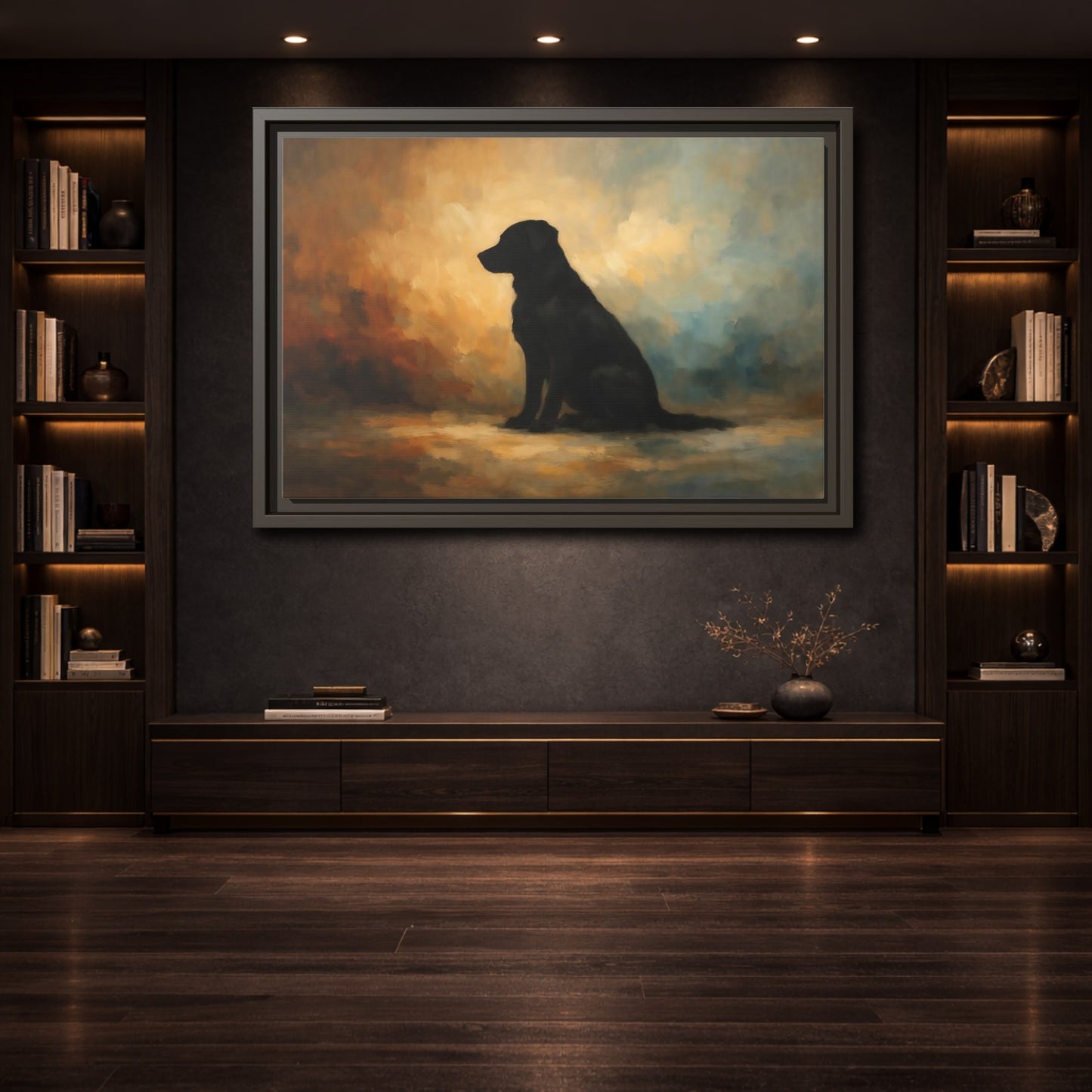Mockup 3. Animals Black Dog Black Dog Painting shown as stretched canvas wall art