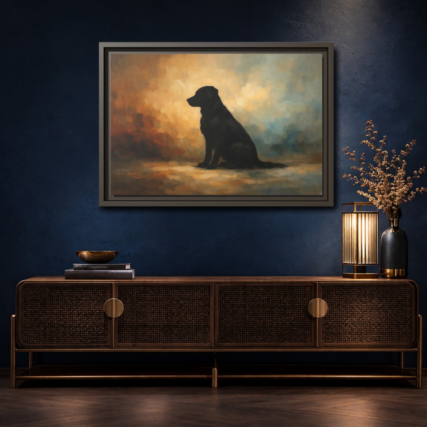 Mockup 4. Animals Black Dog Black Dog Painting shown as stretched canvas wall art
