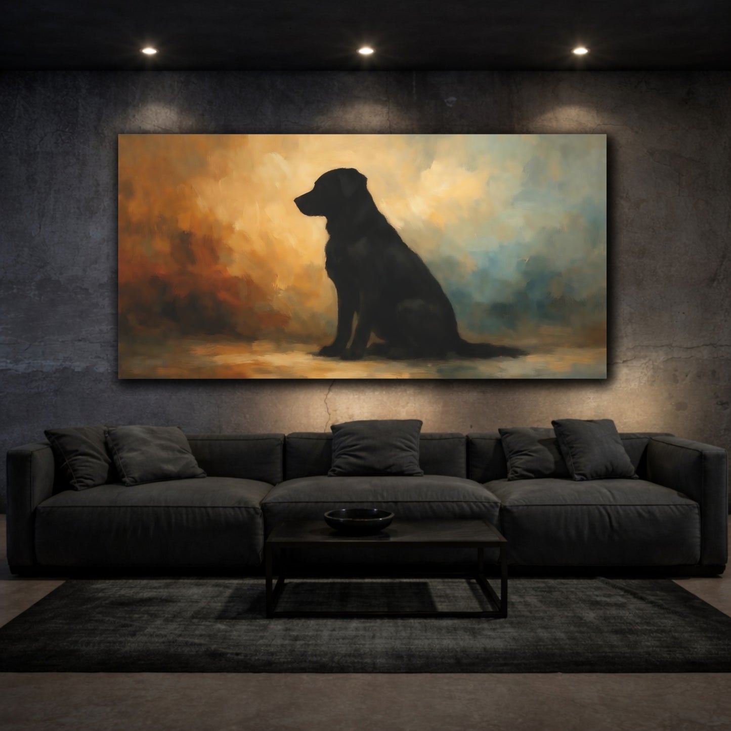 Mockup 2. Animals Black Dog Black Dog Portrait shown as stretched canvas wall art